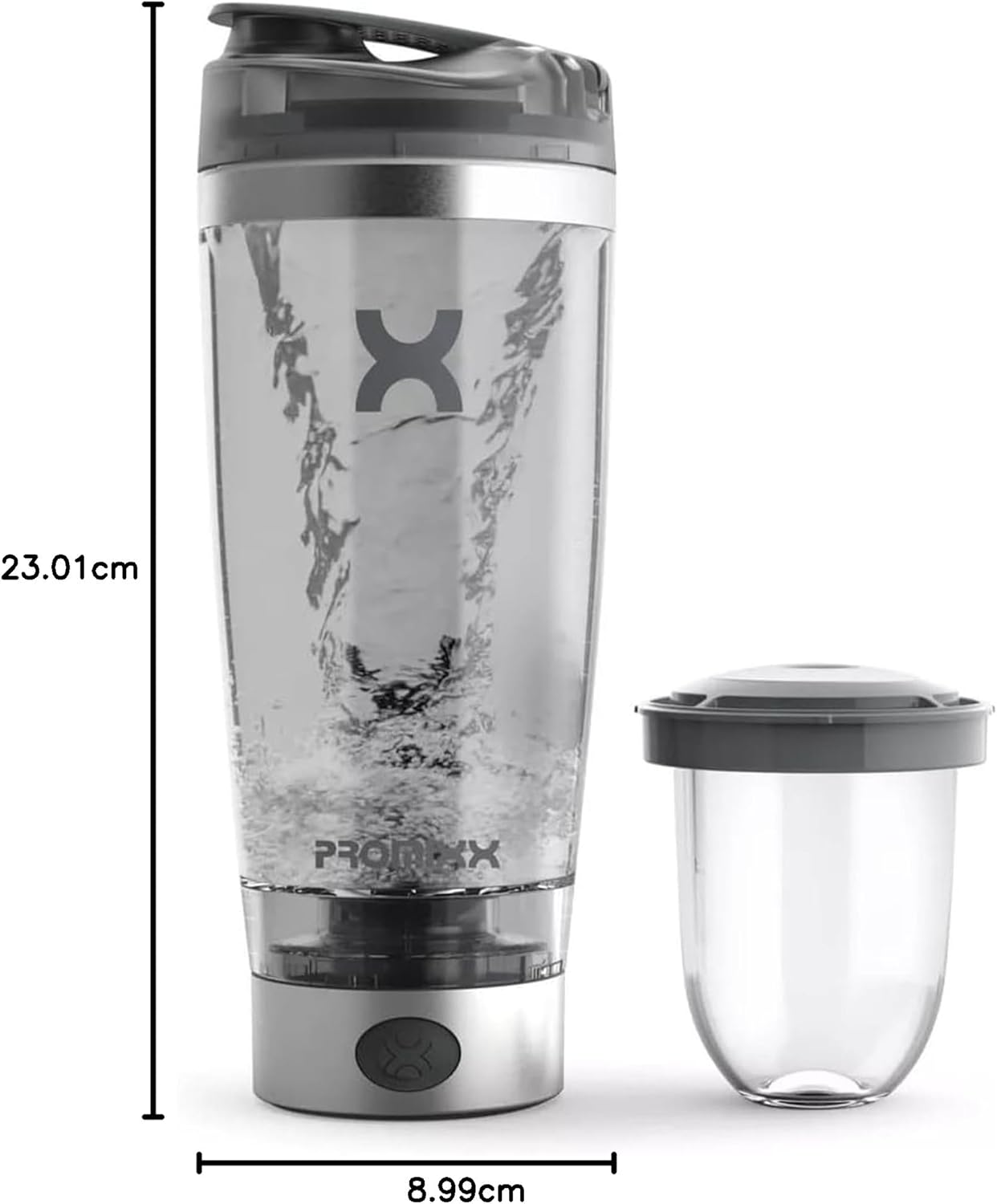 Promixx Pro Shaker Bottle | Rechargeable, Powerful for Smooth Protein Shakes | includes Supplement Storage - BPA Free | 600ml Cup (Silver White/Gray)-9