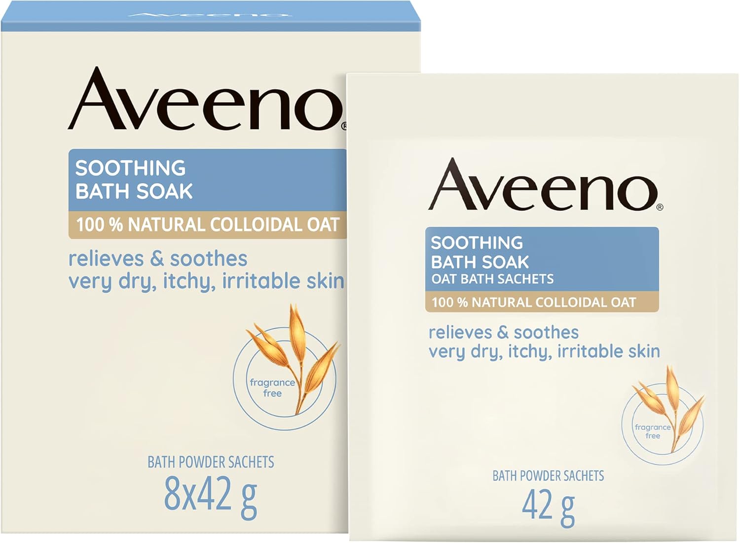 Aveeno Soothing Bath Soak, with 100% Natural Colloidal Oat, Suitable for Sensitive Skin, Relieves & Soothes Very Dry, Itchy & Irritable Skin, 8x42g Powder Sachets-0