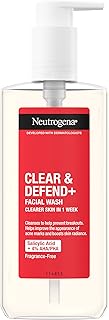 Neutrogena Clear & Defend+ Face Wash (1x 200ml), Purifying Facial Wash for Acne-Prone Skin with Salicylic Acid and AHA/PHA, Fragrance-Free Face Wash for Spot-Prone Skin to Help Prevent Breakouts