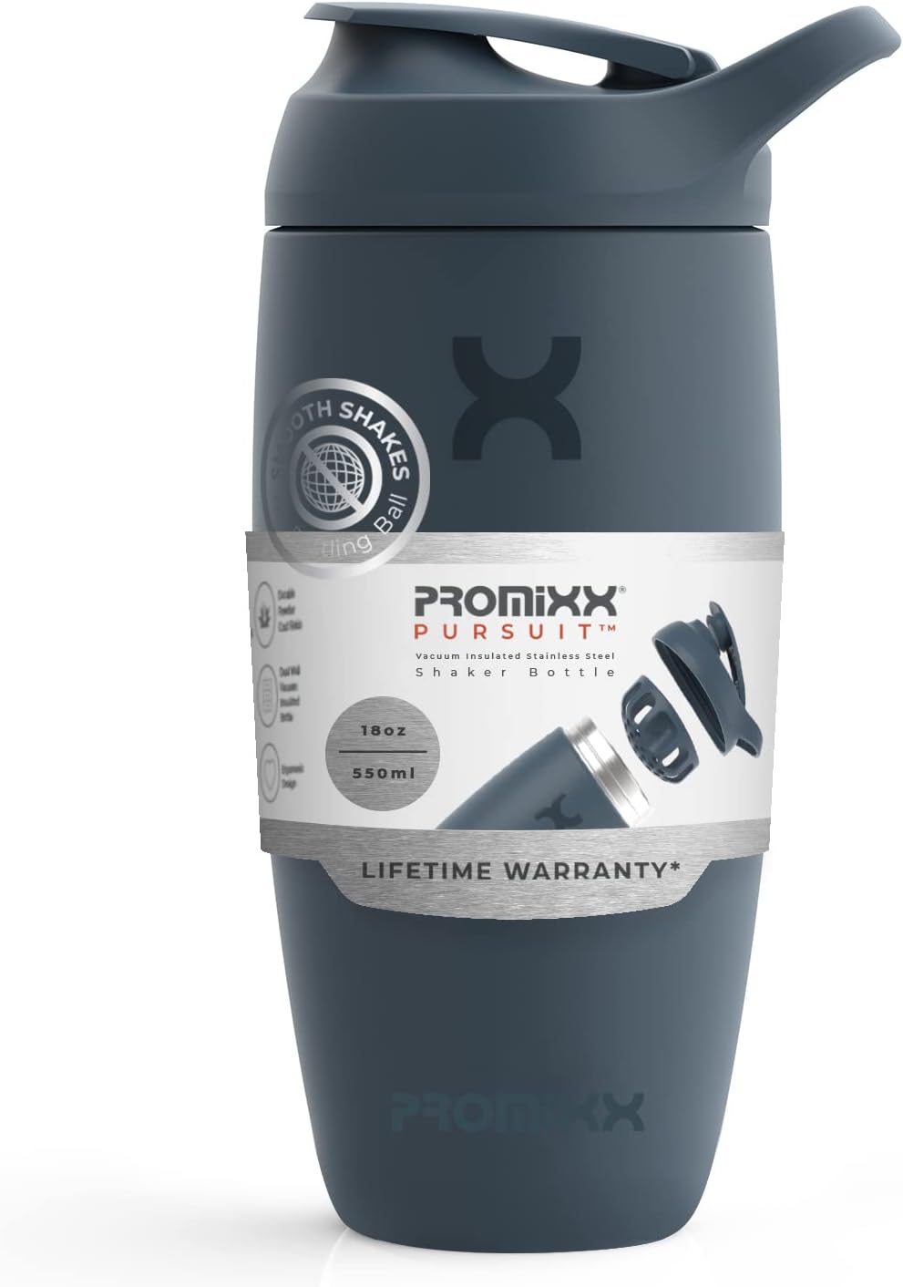 Promixx Pursuit Shaker Bottle Insulated Stainless Steel Water Bottle and Blender Cup, 550ml, Midnight Blue-0