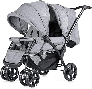 GYMAX Double Seat Stroller with Adjustable Push Handle, Detachable Canopy and Foot Rest, Foldable Baby Pushchair Buggy for Traveling, Going Shopping & Hanging Out (Grey)