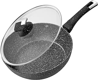 Rainberg Deep Frying Pan, Frying Pan with Lid, Granite Frying Pan Nonstick, Nonstick Frying Pans with Lid, Stone Frying Pan with Lid, Induction Compatible(Black Deep FryPan, 28cm)