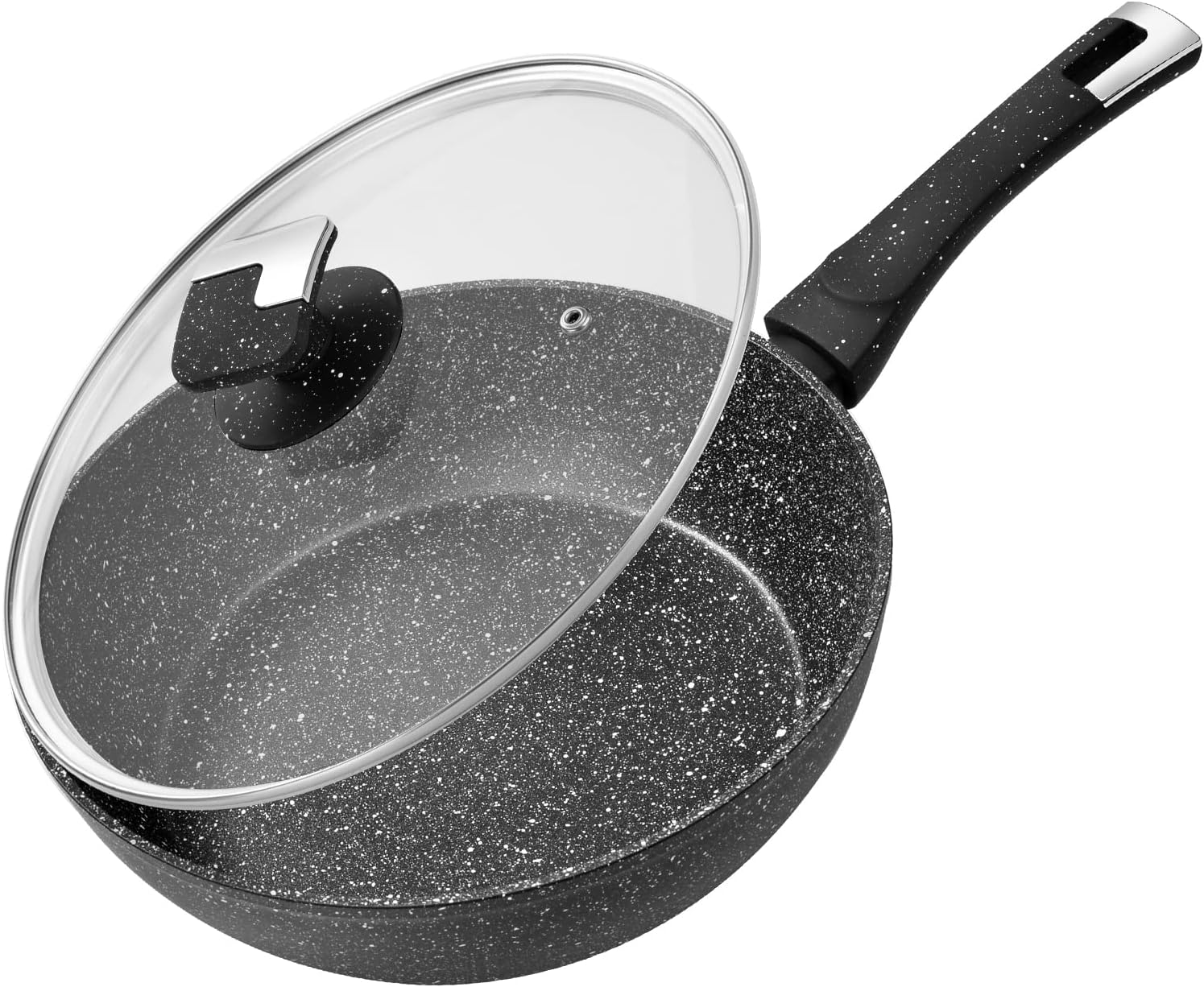 Rainberg Deep Frying Pan, Frying Pan with Lid, Granite Frying Pan Nonstick, Nonstick Frying Pans with Lid, Stone Frying Pan with Lid, Induction Compatible(Black Deep FryPan, 28cm)-0