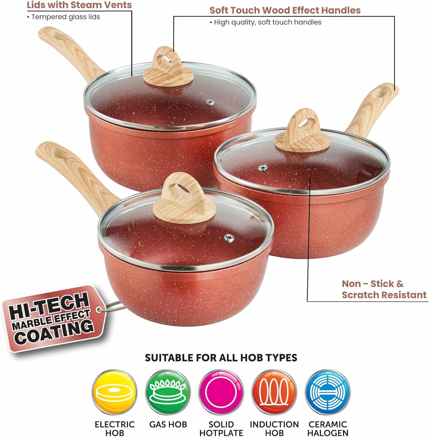 Sovereign Stone 3 Piece Saucepan Set – Copper Saucepans – Saucepan Sets, Pots and Pans Set, Induction Hob Pan Set, Sauce Pan Sets, Copper Pan Set (16cm, 18cm, 20cm)-2