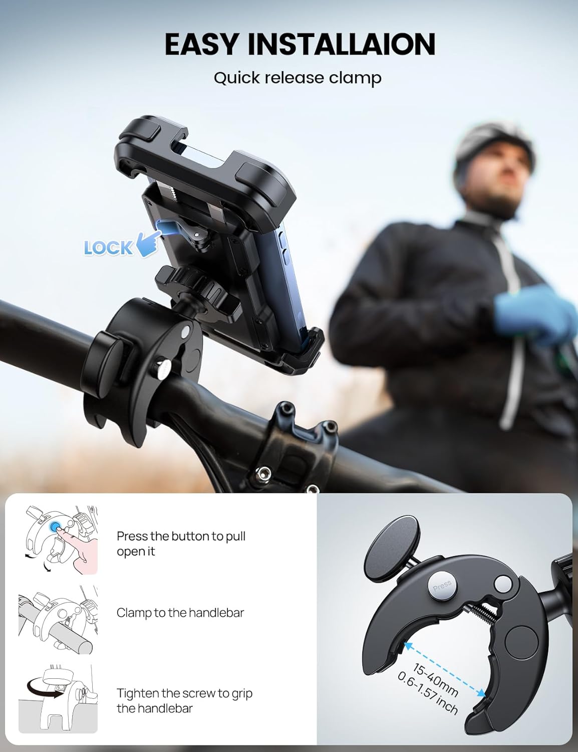 Lamicall Motorcycle Phone Holder Bike - Motorbike Phone Mount, Bike Phone Holder with Quick Release Handlebar Clamp for iPhone 16 15 14 Pro Max Plus, 13 12 11 Pro Max Mini, Xs XR X, SE, 4.7-6.8” Phone-3