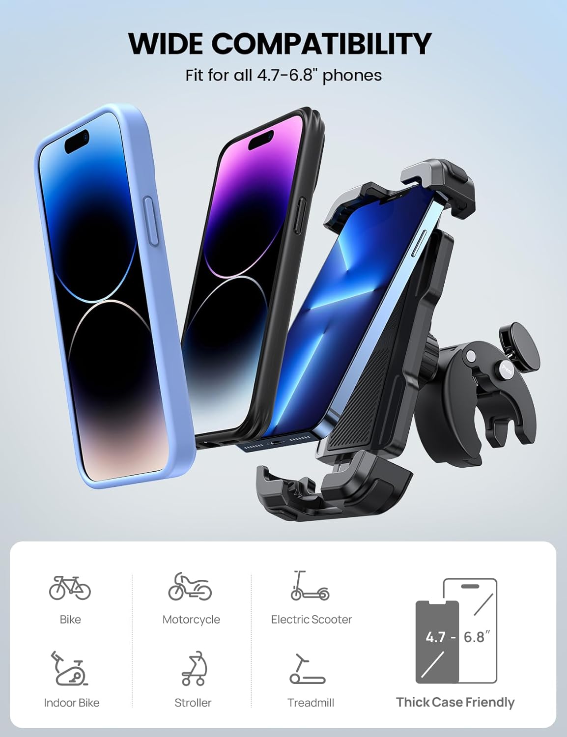 Lamicall Motorcycle Phone Holder Bike - Motorbike Phone Mount, Bike Phone Holder with Quick Release Handlebar Clamp for iPhone 16 15 14 Pro Max Plus, 13 12 11 Pro Max Mini, Xs XR X, SE, 4.7-6.8” Phone-4