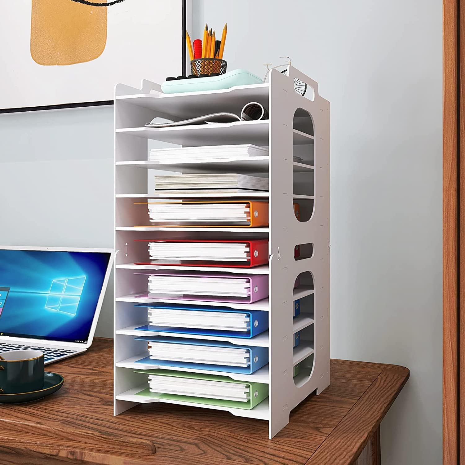 PUNCIA 10-Tier Office Paper Organizer for Desk Desktop File Holder Desk Letter Tray A4 Paper Holder Document Storage Rack for Home Office School-0