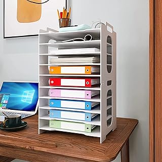 PUNCIA 10 Tiers Office A4 Paper Storage Organizer Letter Tray Desktop White File Holder Mail Letter Rack & Stackable Support Desk Tidy Document Notebooks Storage Rack for Home Office School