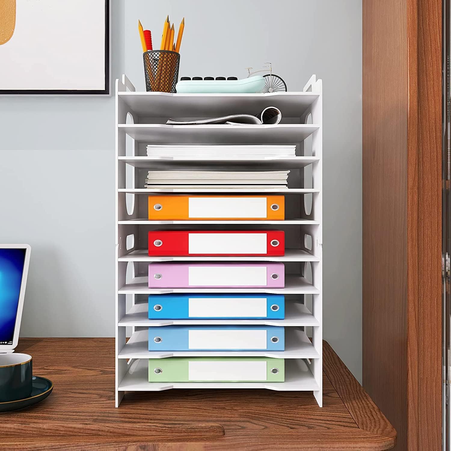 PUNCIA 10 Tiers Office A4 Paper Storage Organizer Letter Tray Desktop White File Holder Mail Letter Rack & Stackable Support Desk Tidy Document Notebooks Storage Rack for Home Office School-1