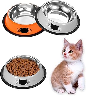 Ctop 2 Piece Cat Food Bowls,Cat Bowls, Cat Protection Set,Dog Bowls.Non-Slip Stainless Steel Cat Bowl, Water Bowl, Cat Bowl, Cat Bowls and Drinking for Pets, Gray Red