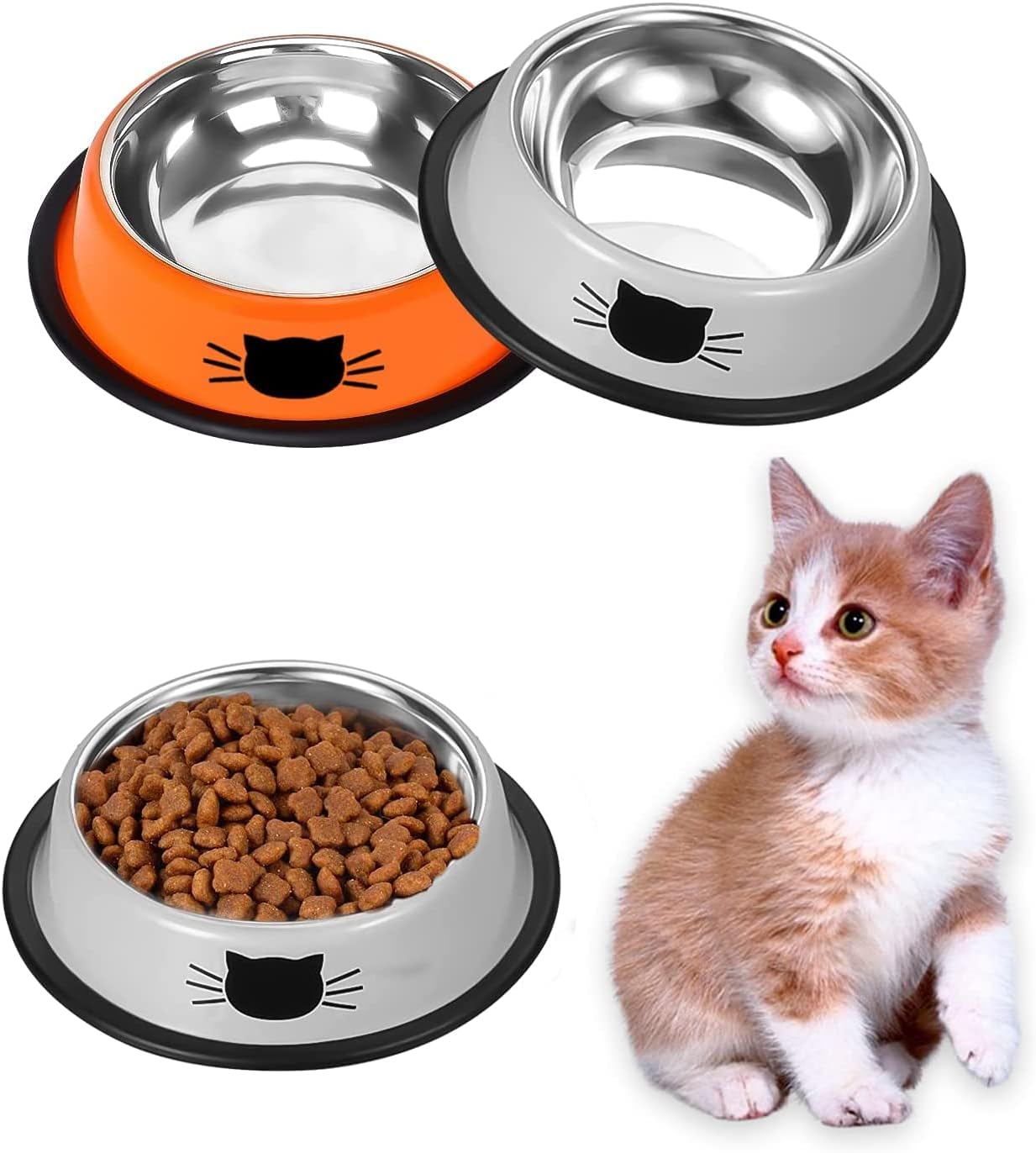 Ctop 2 Piece Cat Food Bowls,Cat Bowls, Cat Protection Set,Dog Bowls.Non-Slip Stainless Steel Cat Bowl, Water Bowl, Cat Bowl, Cat Bowls and Drinking for Pets, Gray Red-0