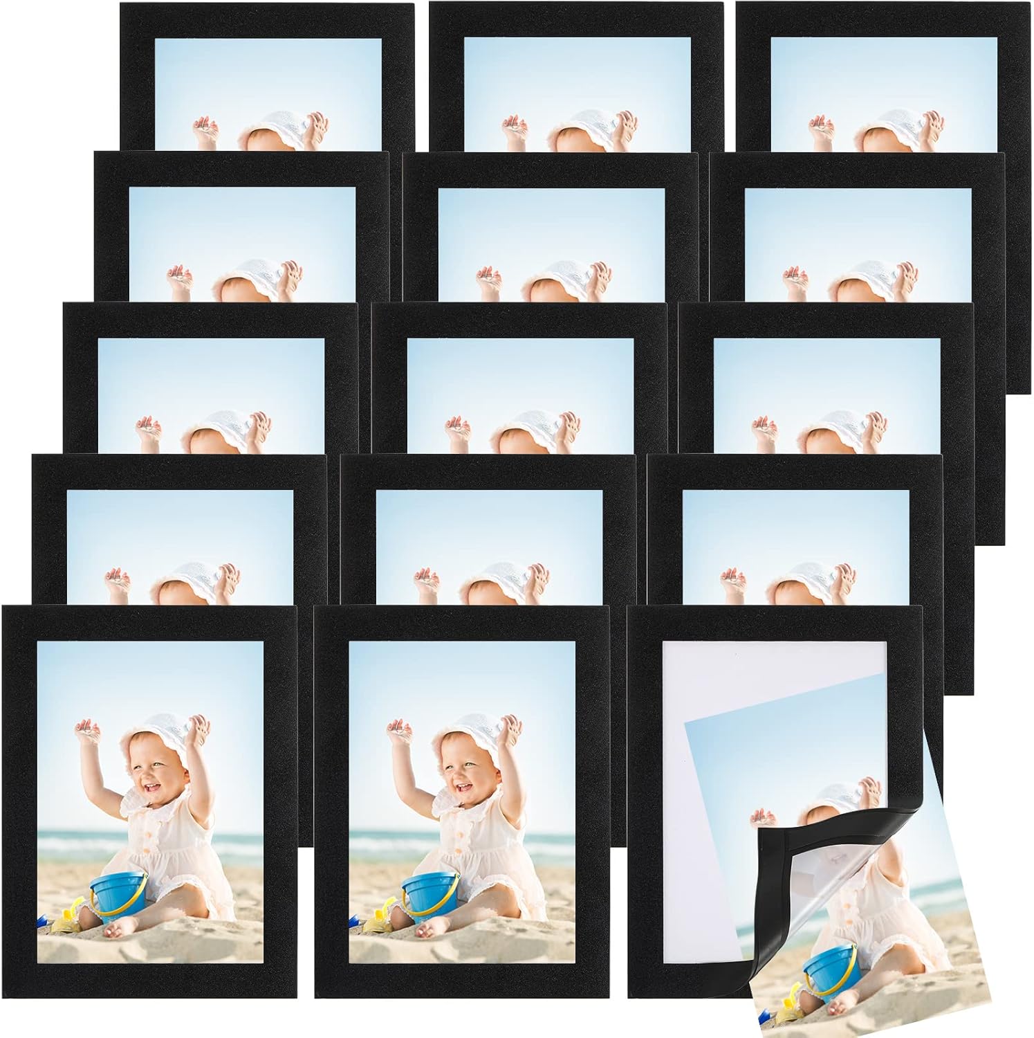 Zonon 15 Pieces 4 x 6 Inch/ 10 x 15 cm Magnetic Picture Frames, Self Adhesive Photo Frame Collage for Refrigerator Cubicle Door Wall Window Tile Decor, Black-0