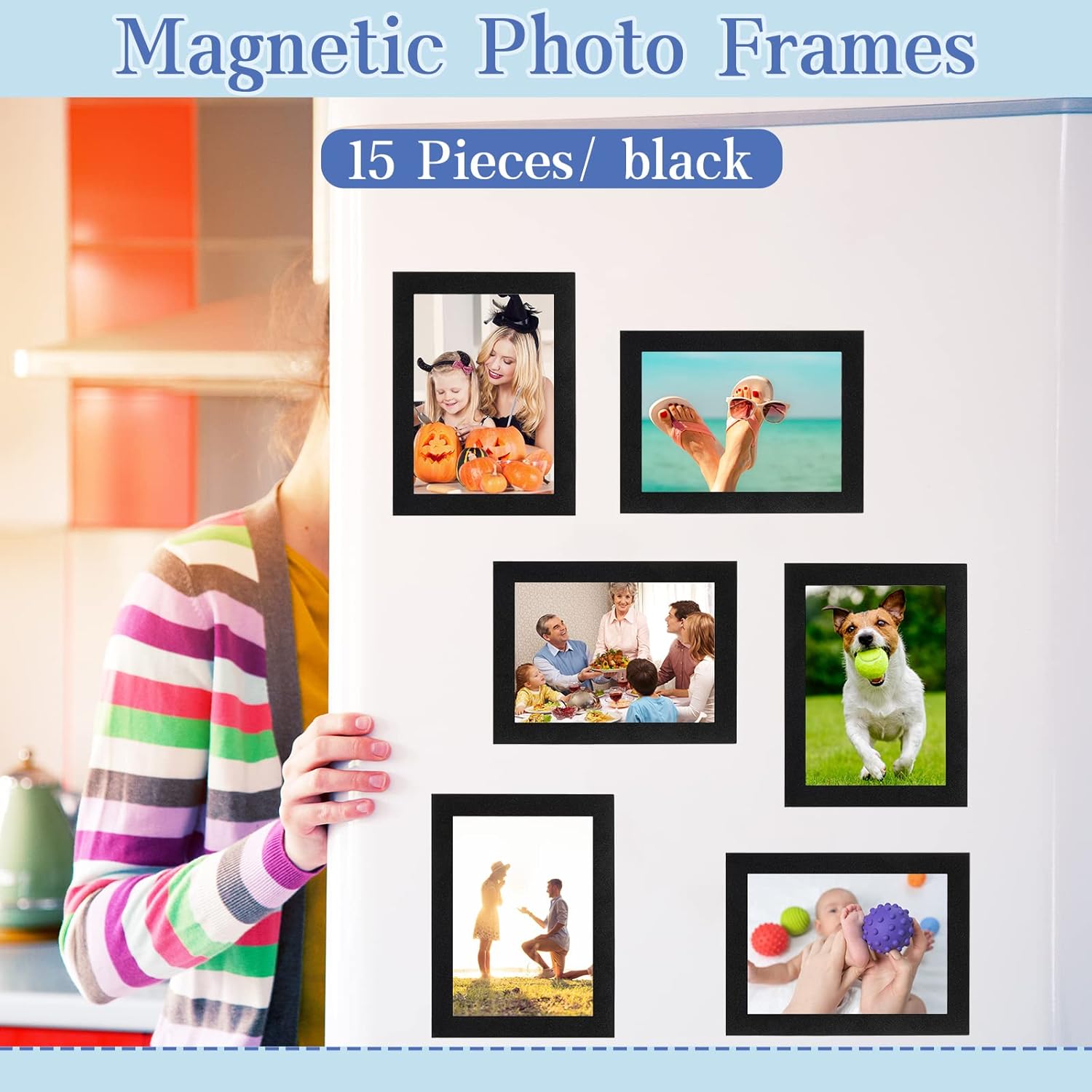 Zonon 15 Pieces 4 x 6 Inch/ 10 x 15 cm Magnetic Picture Frames, Self Adhesive Photo Frame Collage for Refrigerator Cubicle Door Wall Window Tile Decor, Black-1