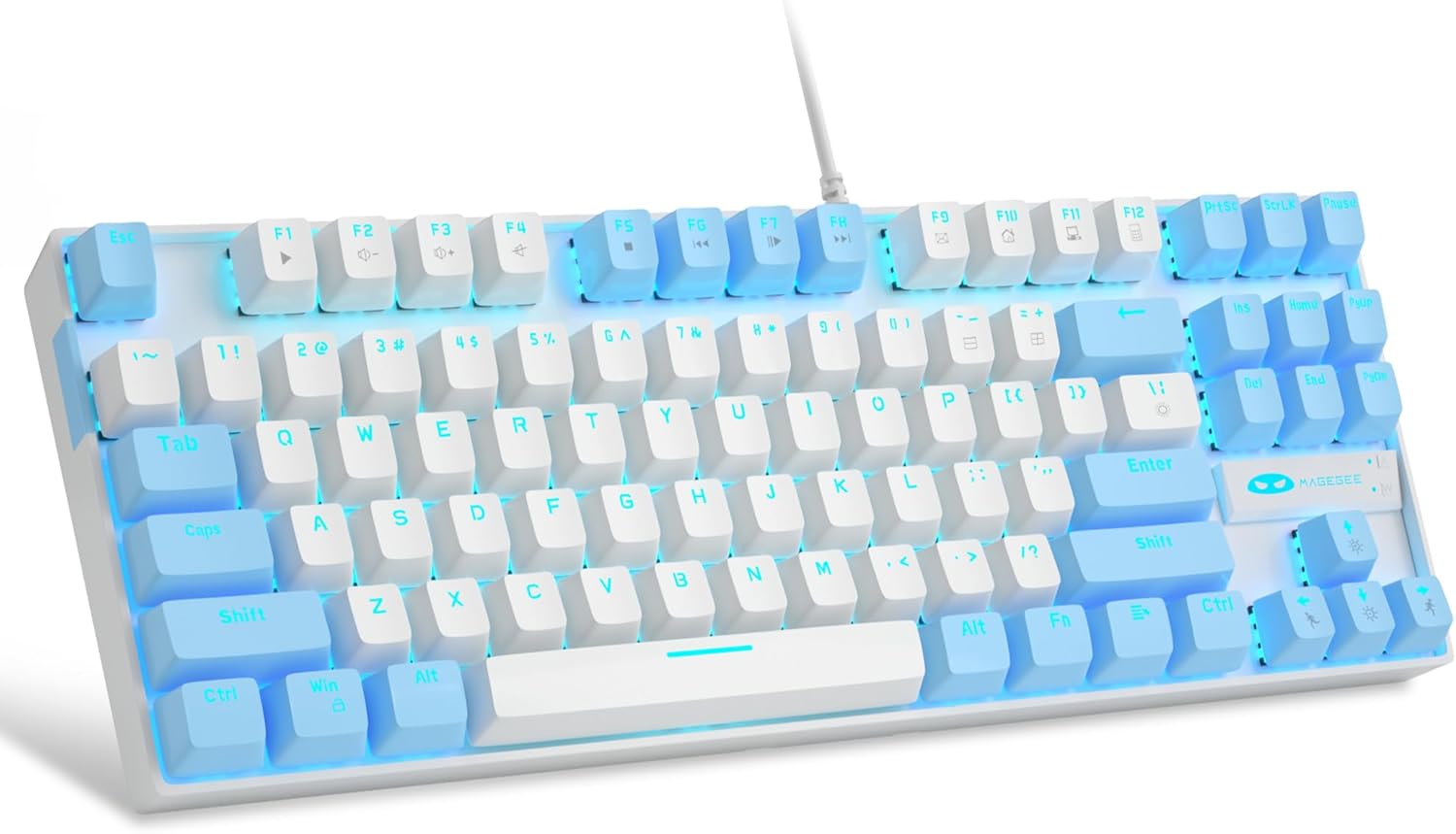 MageGee 75% Mechanical Gaming Keyboard with Red Switch, LED Blue Backlit Keyboard, 87 Keys Compact TKL Wired Computer Keyboard for Windows Laptop PC Gamer - White/Blue-0