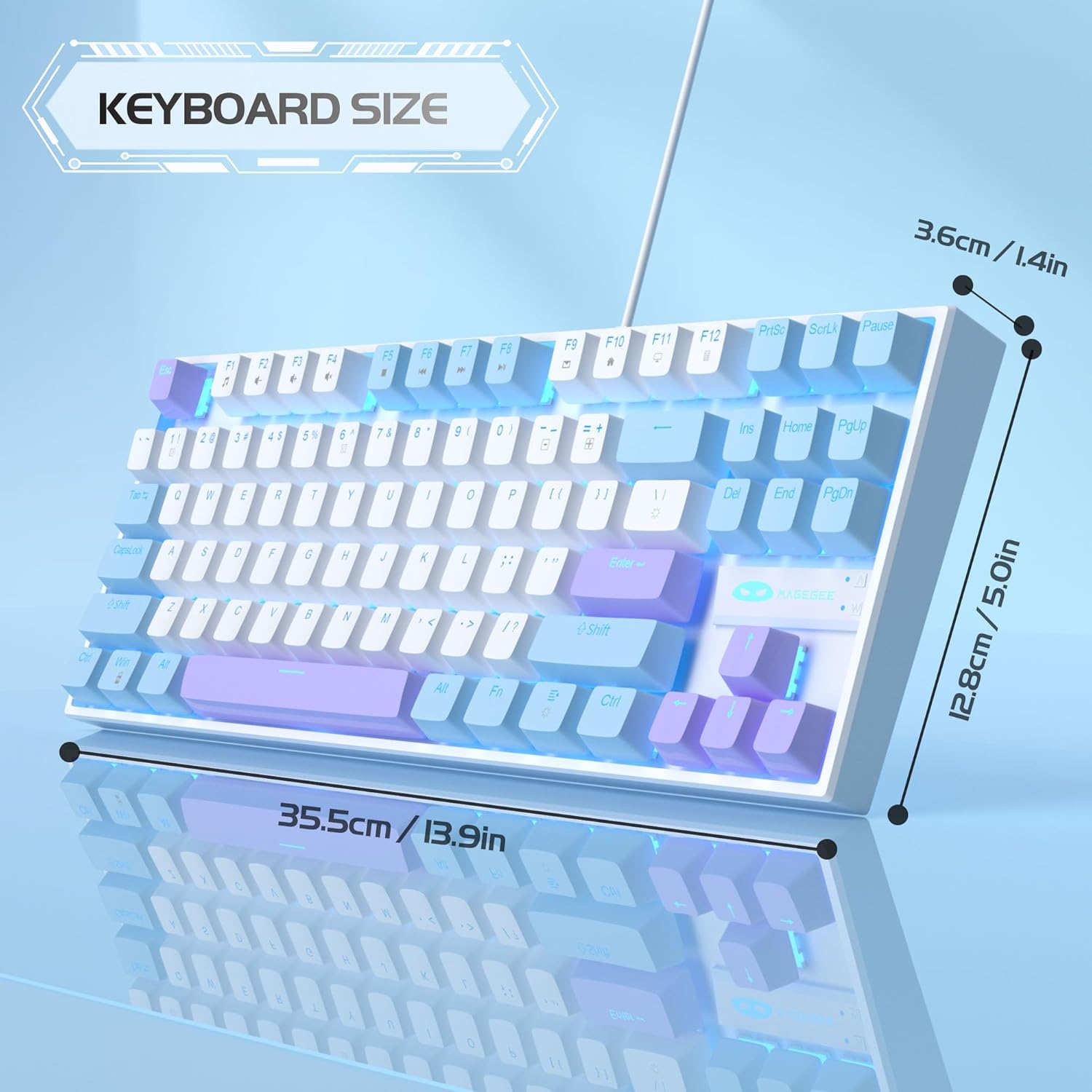 MageGee 75% Mechanical Gaming Keyboard with Red Switch, LED Blue Backlit Keyboard, 87 Keys Compact TKL Wired Computer Keyboard for Windows Laptop PC Gamer - White/Blue-7