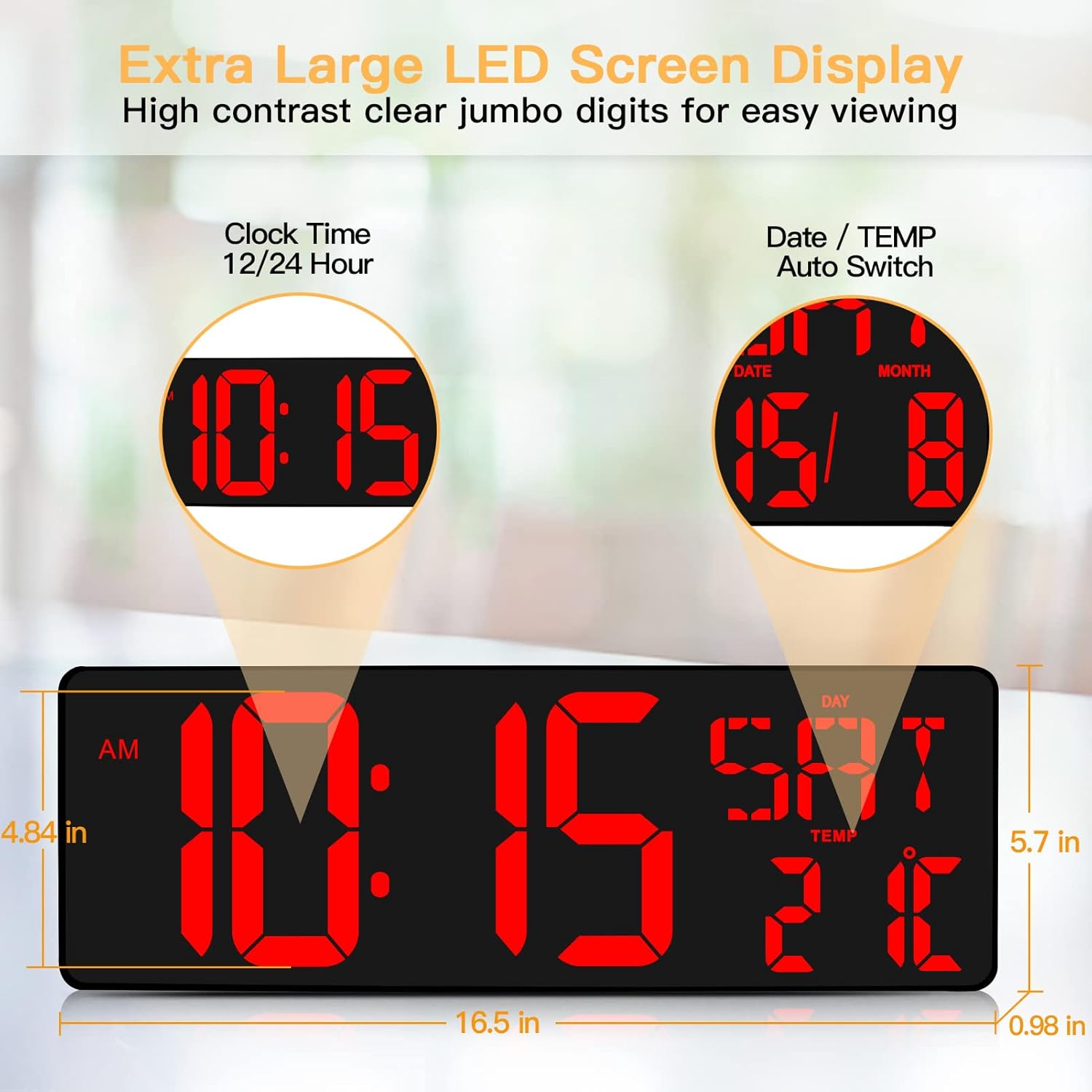 XREXS Large Digital Wall Clock with Remote Control, 16.5 Inch LED Large Display Count Up & Down Timer, Adjustable Brightness Alarm Clock with Day/Date/Temperature for Home, Gym, Office and Classroom-1