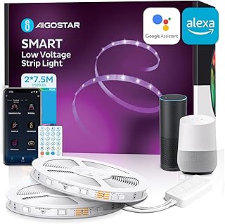 Aigostar 15M Led Strip Lights RGB Led Lights with Alexa Smart App Control Remote, 30 Beads/m Music Sync Color Changing for Bedroom Lighting Home Party(2X7.5M)