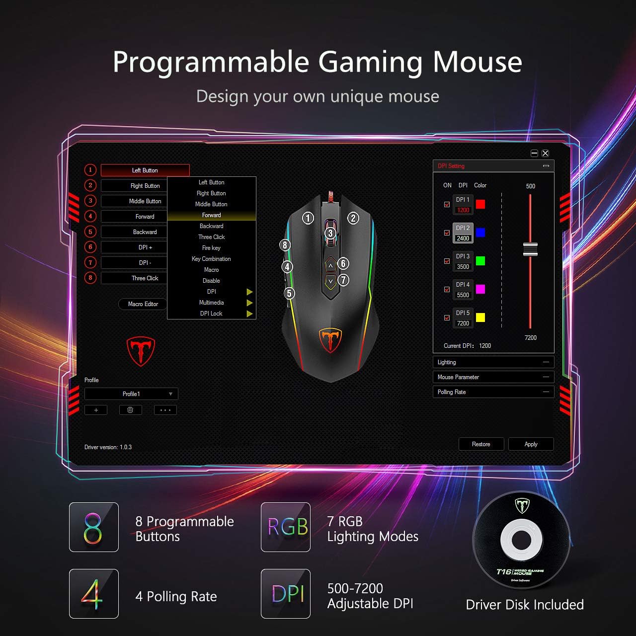 RGB Gaming Mouse Wired,Vollion PC Gaming Mice with 8 Programmable Buttons,Chroma RGB Backlit, 7200 DPI Adjustable,Comfortable Grip Ergonomic Optical Computer Gaming Mice with Shutton Button,Black-1