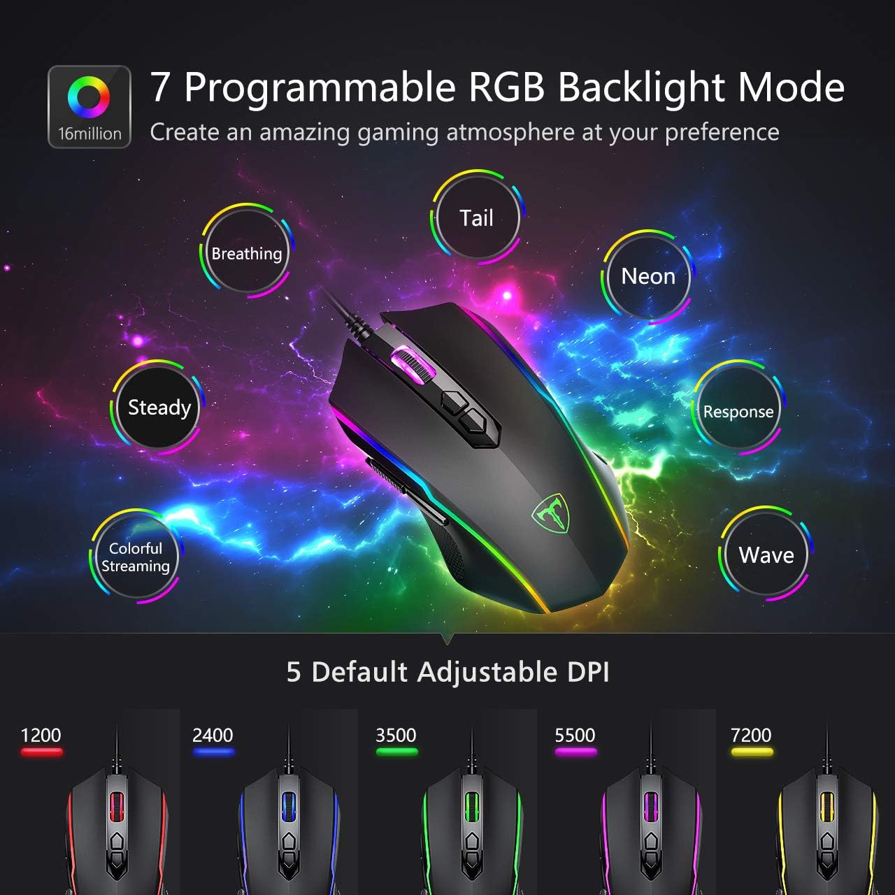 RGB Gaming Mouse Wired,Vollion PC Gaming Mice with 8 Programmable Buttons,Chroma RGB Backlit, 7200 DPI Adjustable,Comfortable Grip Ergonomic Optical Computer Gaming Mice with Shutton Button,Black-2