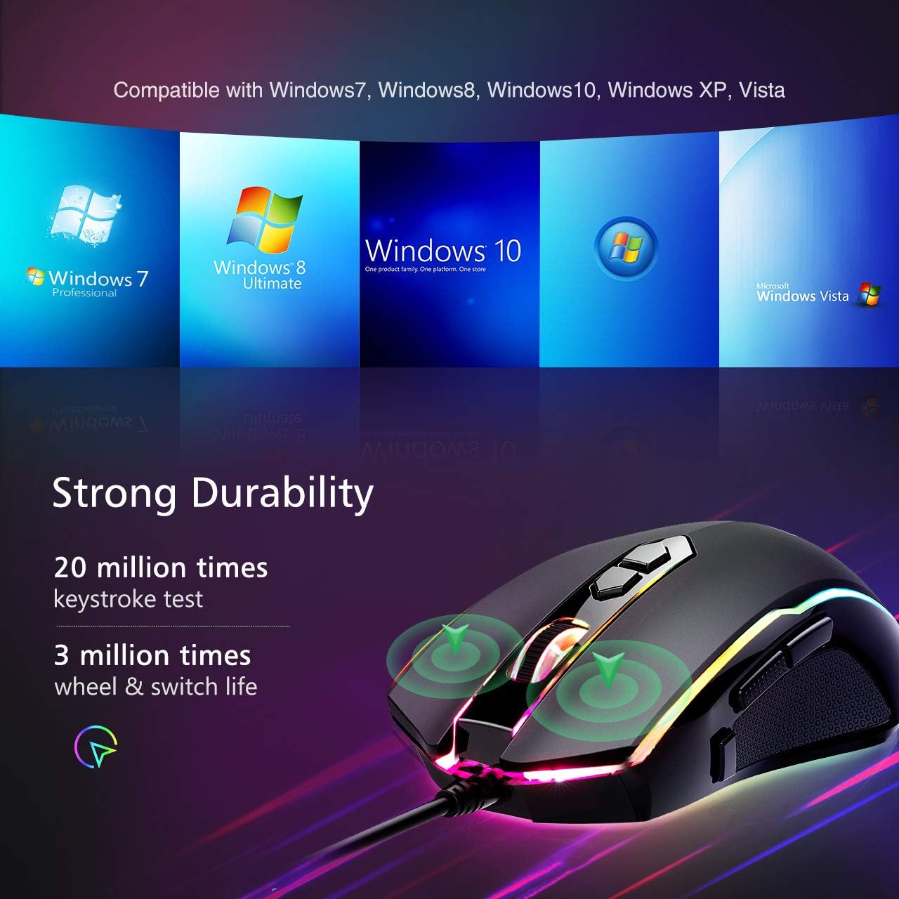 RGB Gaming Mouse Wired,Vollion PC Gaming Mice with 8 Programmable Buttons,Chroma RGB Backlit, 7200 DPI Adjustable,Comfortable Grip Ergonomic Optical Computer Gaming Mice with Shutton Button,Black-5