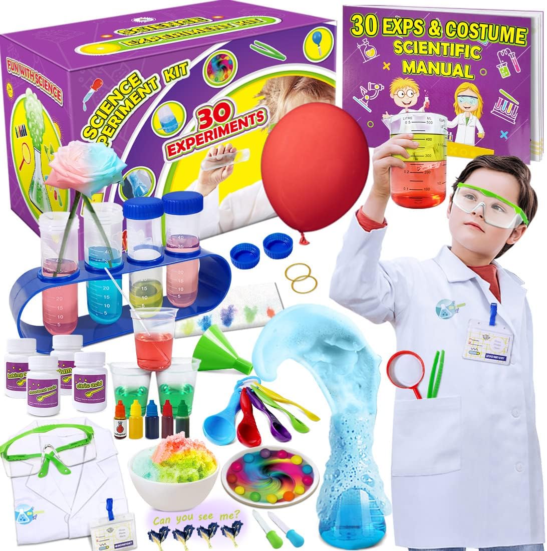 UNGLINGA 30 Science Experiments Kit with Lab Coat for Kids Scientist Costume Play Toys Gift for Boys Girls-0