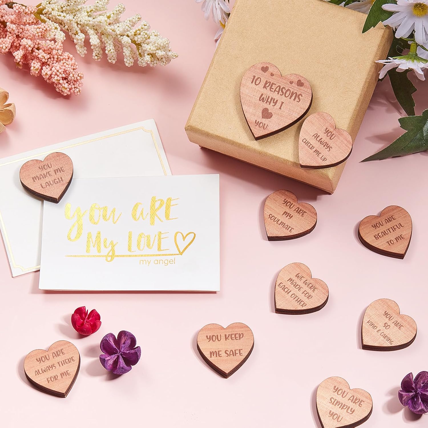 Queekay 10 Reasons Why I Love You Hearts Wooden Set Wedding Gifts Romantic Love You Gifts for Her Him Elegant Bow Gift Boxes Card for Valentines Wedding Anniversary Birthday Favor-2