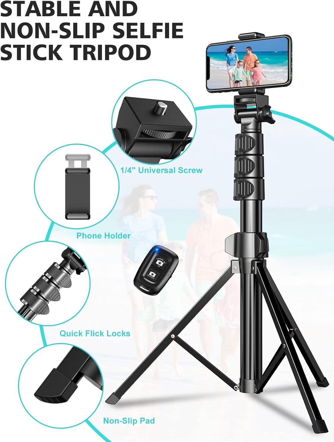 CIRYCASE 55.9" Phone Tripod, Extendable All-In-One Selfie Stick Tripod Stand with Bluetooth Remote & Universal Phone Holder Compatible with iPhone, Galaxy, Camera, Perfect for Selfies/Video Recording-1