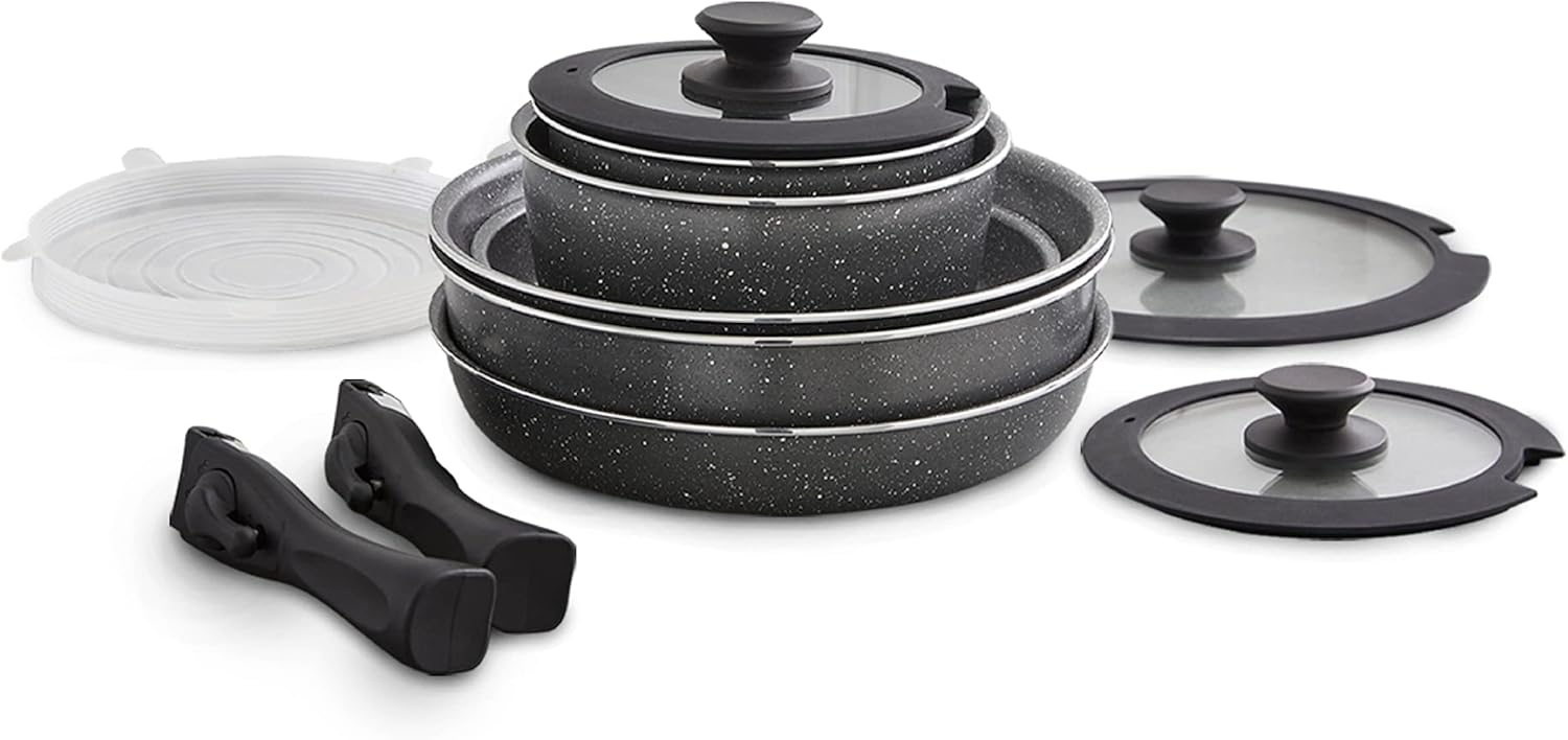 Tower T900140 Freedom Detachable Handles Cookware Set with Cerastone Coating, Stackable Design, 13pc, Graphite-0