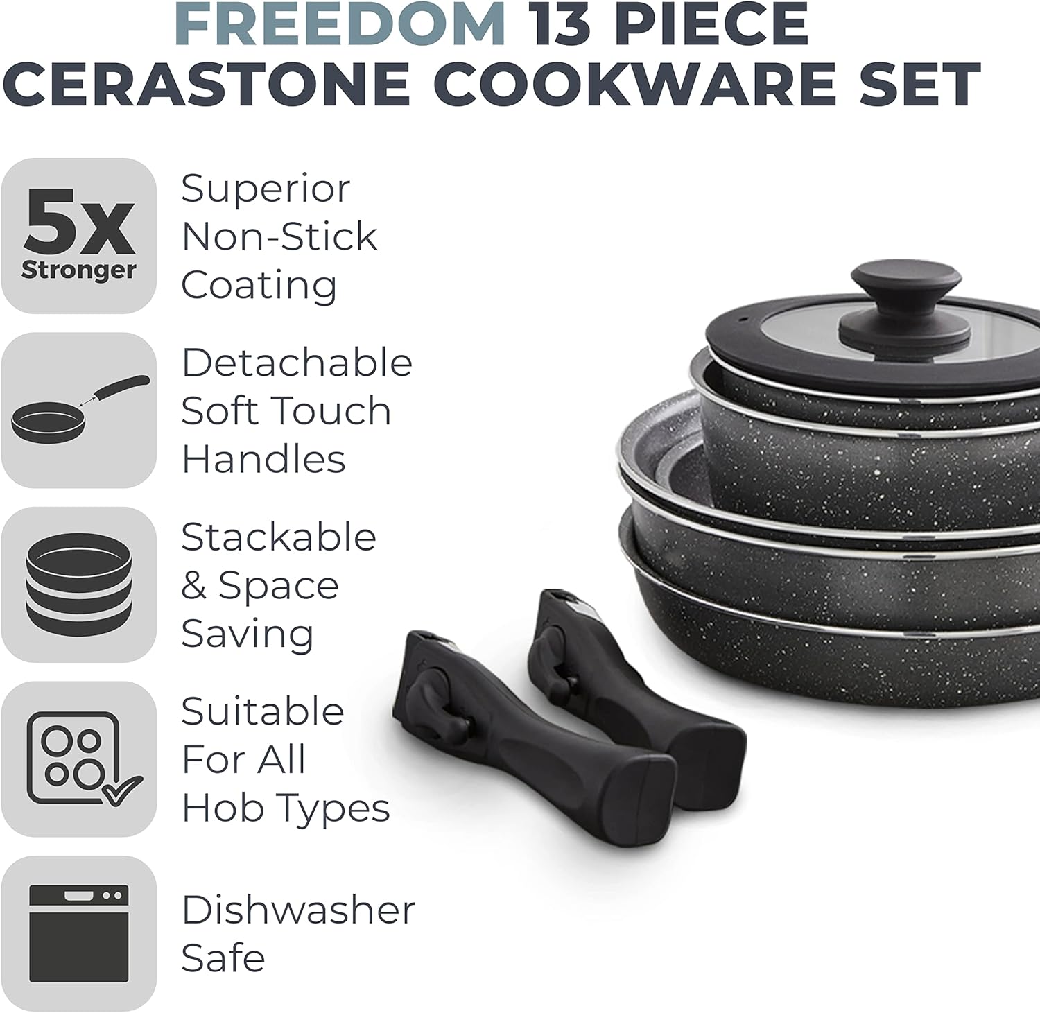 Tower T900140 Freedom Detachable Handles Cookware Set with Cerastone Coating, Stackable Design, 13pc, Graphite-1