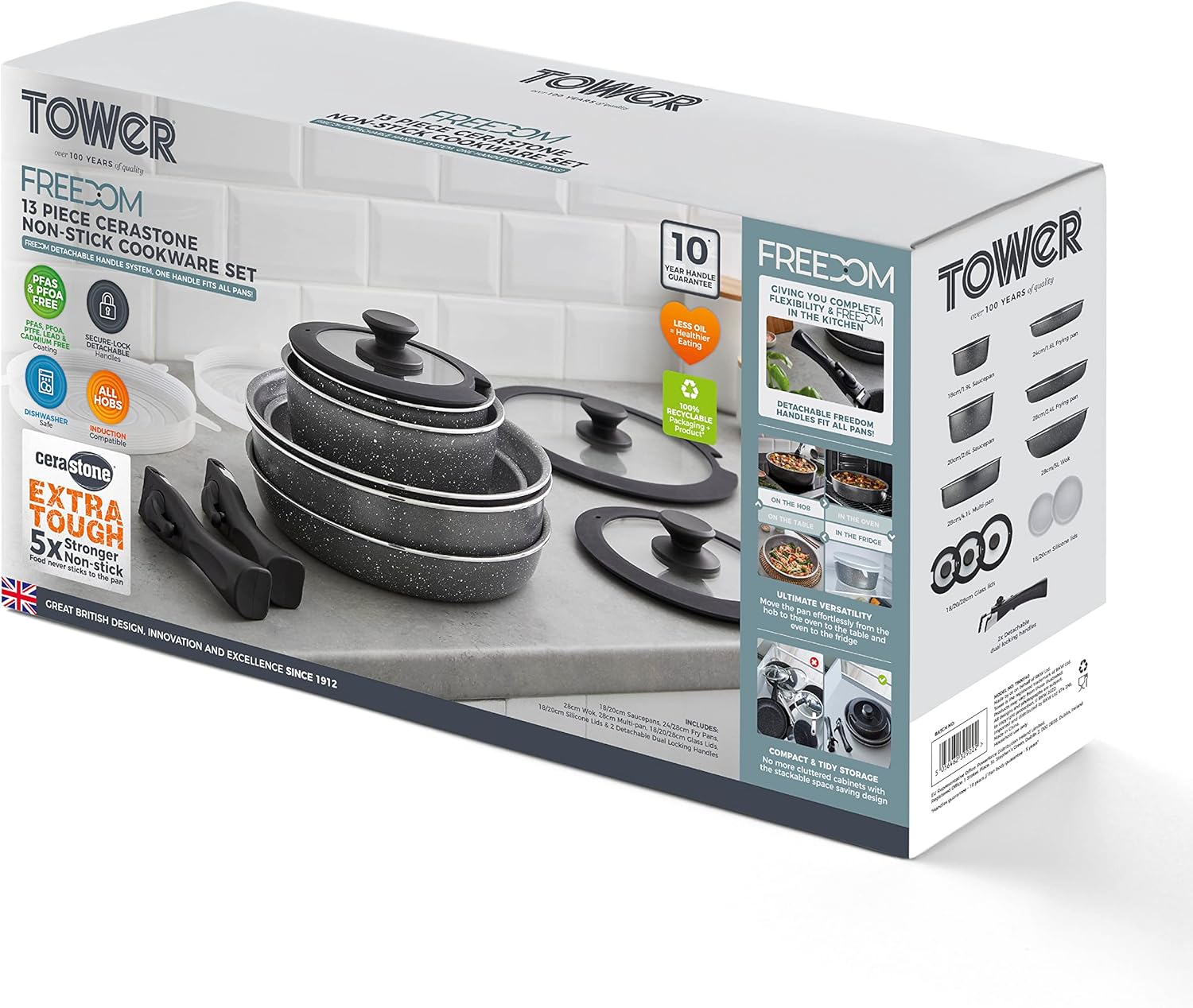 Tower T900140 Freedom Detachable Handles Cookware Set with Cerastone Coating, Stackable Design, 13pc, Graphite-11