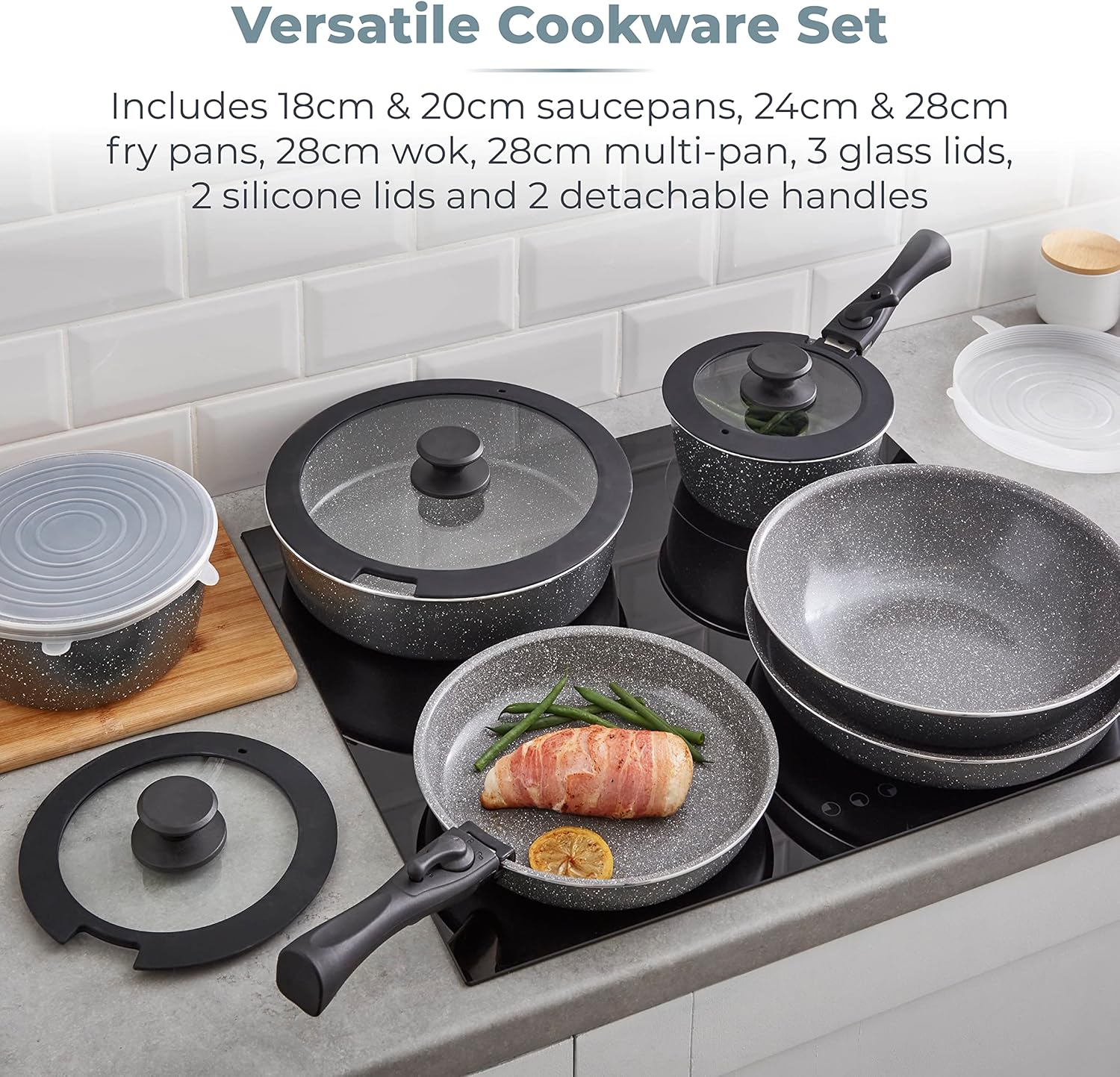 Tower T900140 Freedom Detachable Handles Cookware Set with Cerastone Coating, Stackable Design, 13pc, Graphite-2