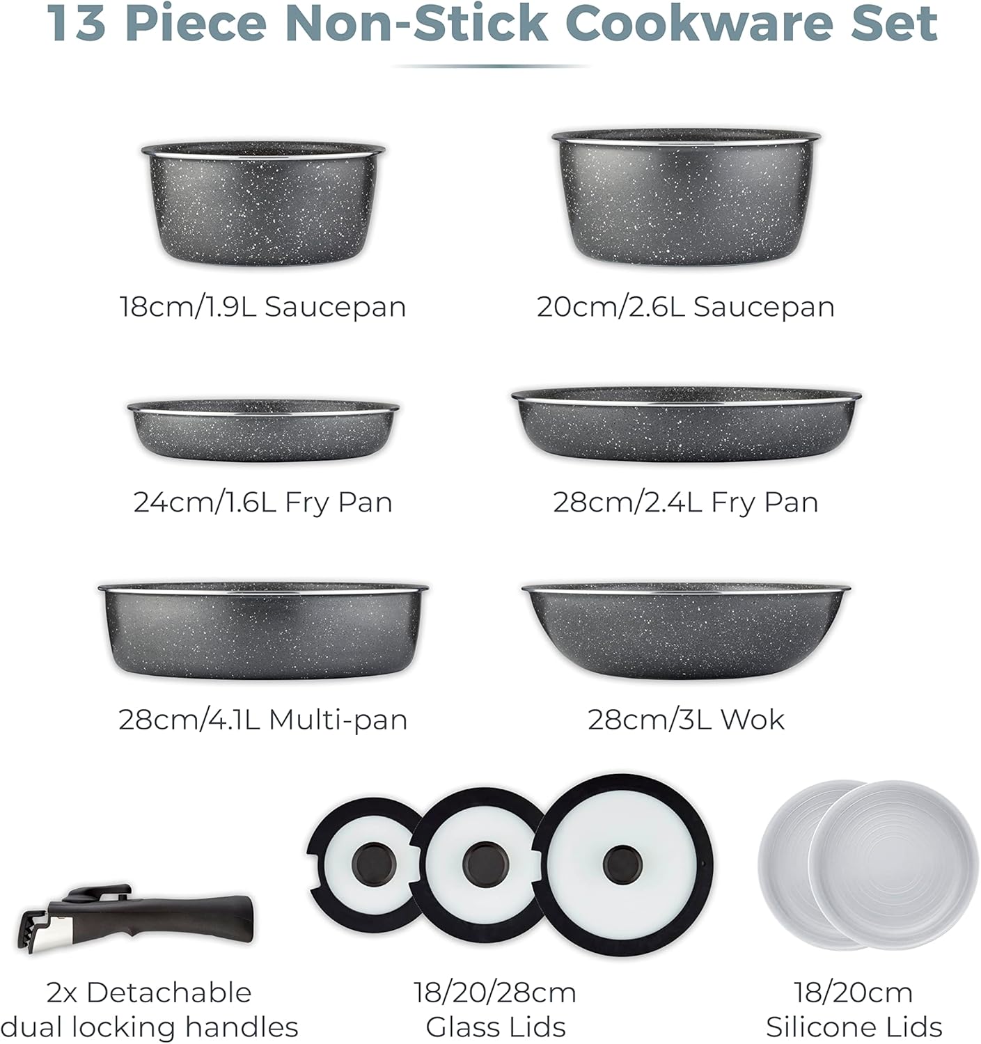 Tower T900140 Freedom Detachable Handles Cookware Set with Cerastone Coating, Stackable Design, 13pc, Graphite-9