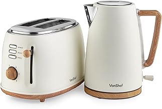 VonShef Kettle and Toaster Set – Scandi 1.7L Rapid Boil Kettle 3000W & 2 Slice Wide Slot Toaster 850W with 6 Browning Controls, Matching Kitchen Set – Nordic Cream and Wood Accents - Fika Range