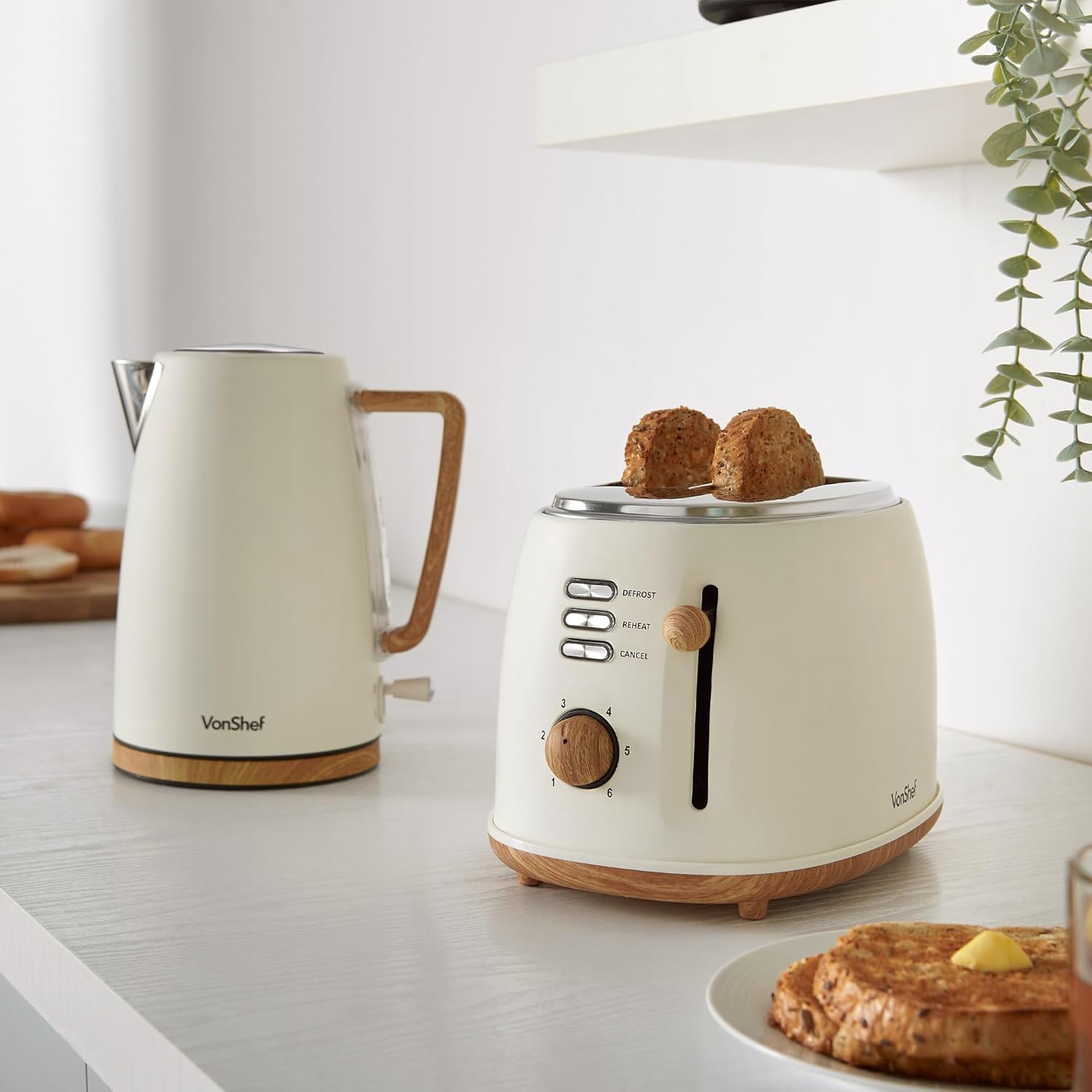 VonShef Kettle and Toaster Set – Scandi 1.7L Rapid Boil Kettle 3000W & 2 Slice Wide Slot Toaster 850W with 6 Browning Controls, Matching Kitchen Set – Nordic Cream and Wood Accents - Fika Range-2