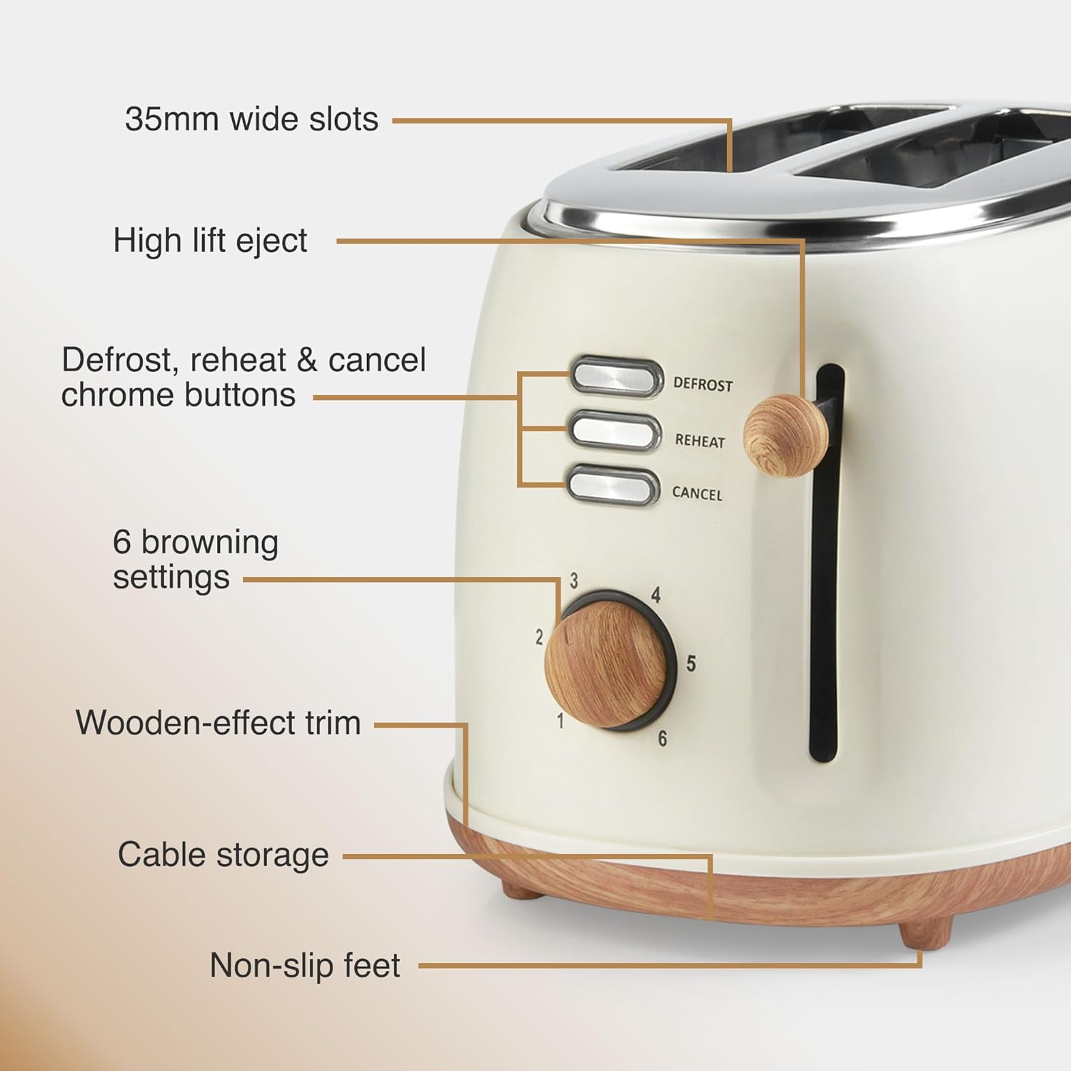 VonShef Kettle and Toaster Set – Scandi 1.7L Rapid Boil Kettle 3000W & 2 Slice Wide Slot Toaster 850W with 6 Browning Controls, Matching Kitchen Set – Nordic Cream and Wood Accents - Fika Range-3