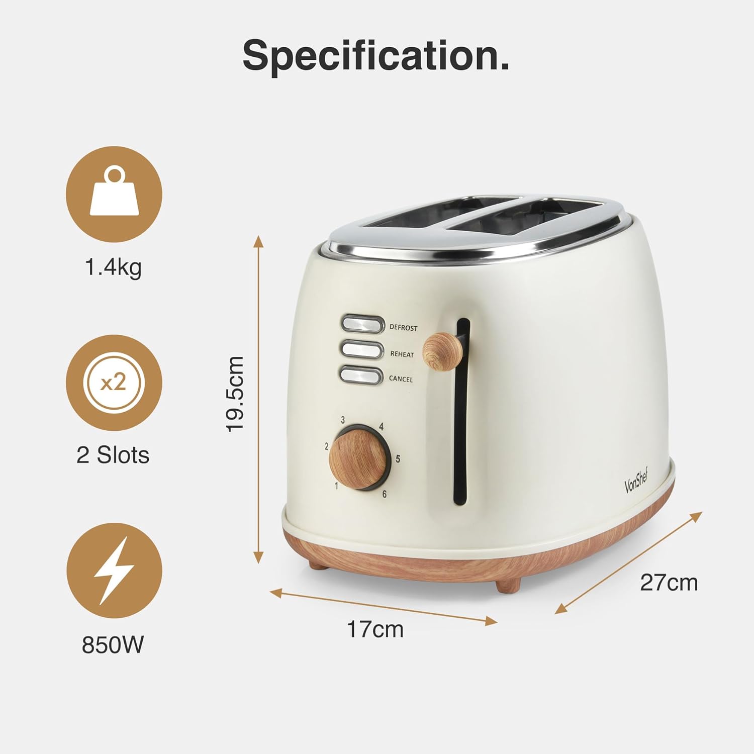 VonShef Kettle and Toaster Set – Scandi 1.7L Rapid Boil Kettle 3000W & 2 Slice Wide Slot Toaster 850W with 6 Browning Controls, Matching Kitchen Set – Nordic Cream and Wood Accents - Fika Range-5