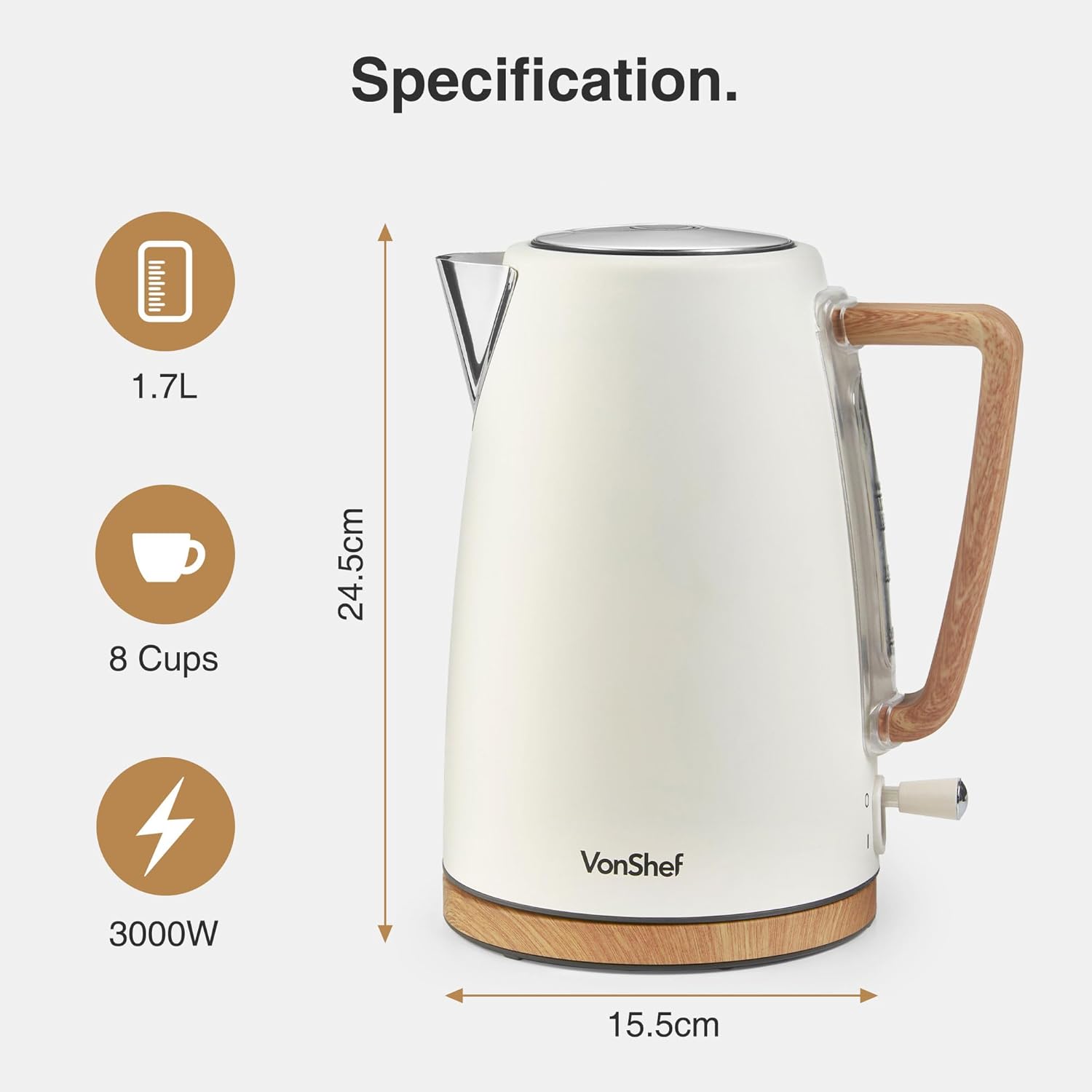 VonShef Kettle and Toaster Set – Scandi 1.7L Rapid Boil Kettle 3000W & 2 Slice Wide Slot Toaster 850W with 6 Browning Controls, Matching Kitchen Set – Nordic Cream and Wood Accents - Fika Range-8