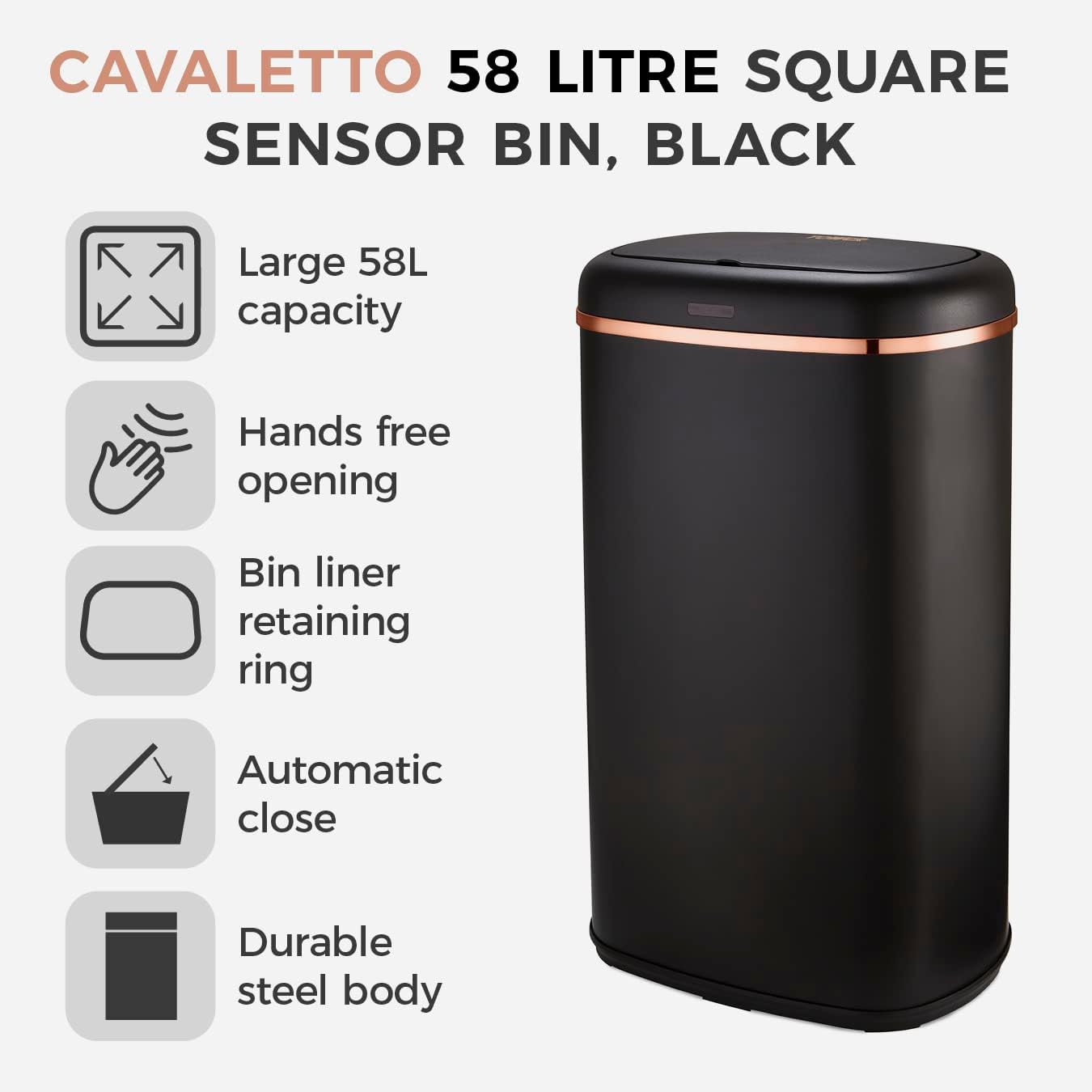 Tower T838010BLK Cavaletto Square Sensor Bin, 58L, Black and Rose Gold-1