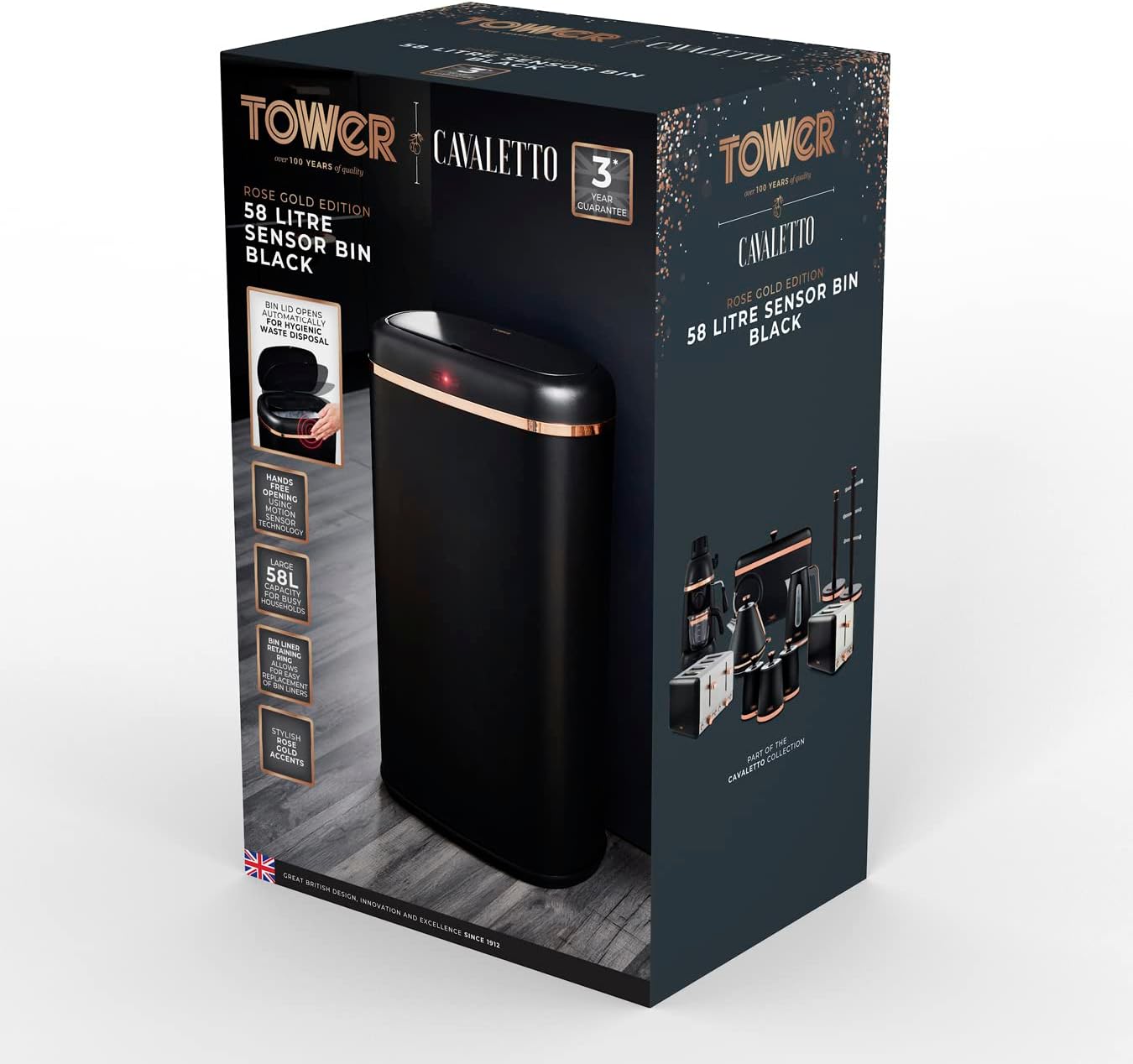 Tower T838010BLK Cavaletto Square Sensor Bin, 58L, Black and Rose Gold-10