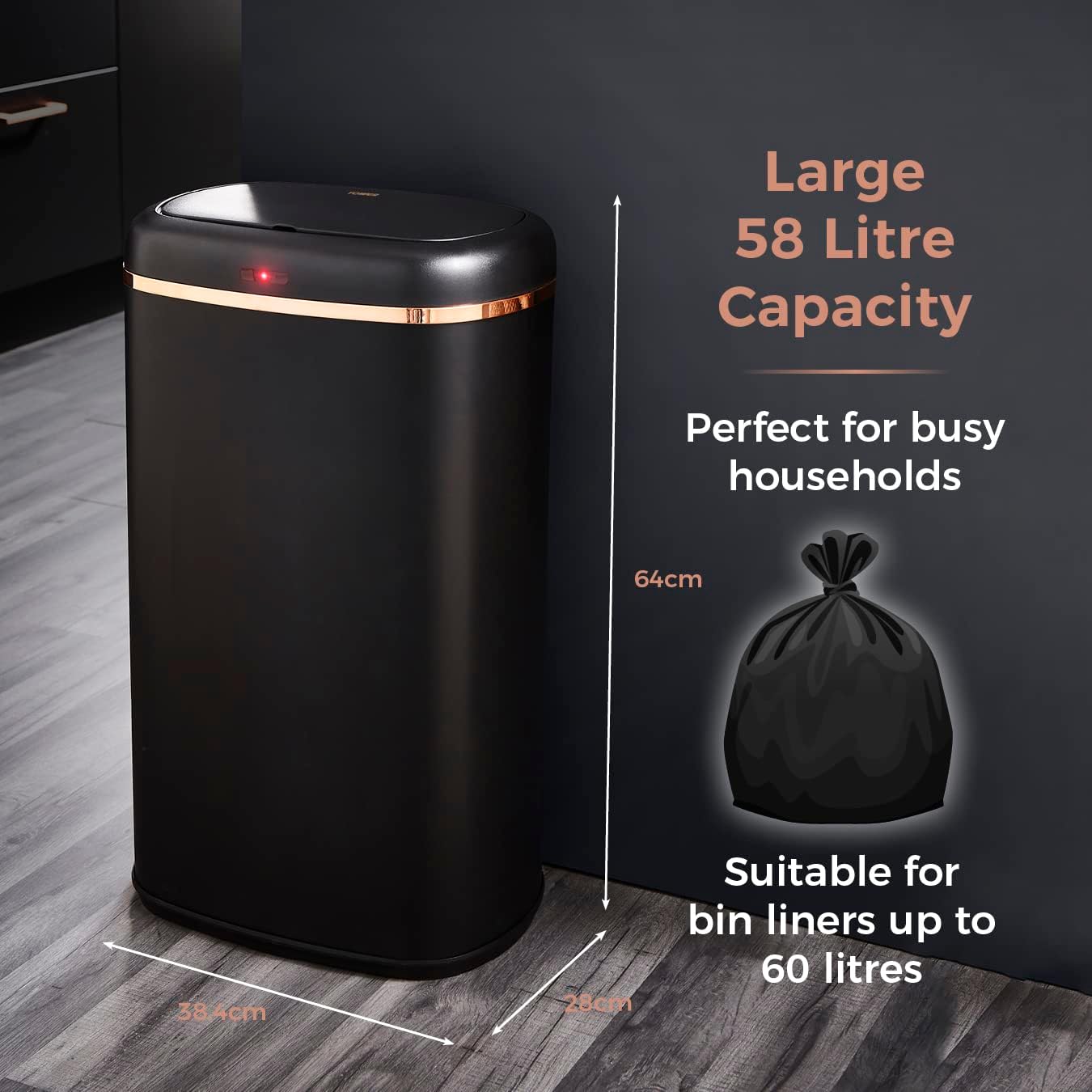 Tower T838010BLK Cavaletto Square Sensor Bin, 58L, Black and Rose Gold-2