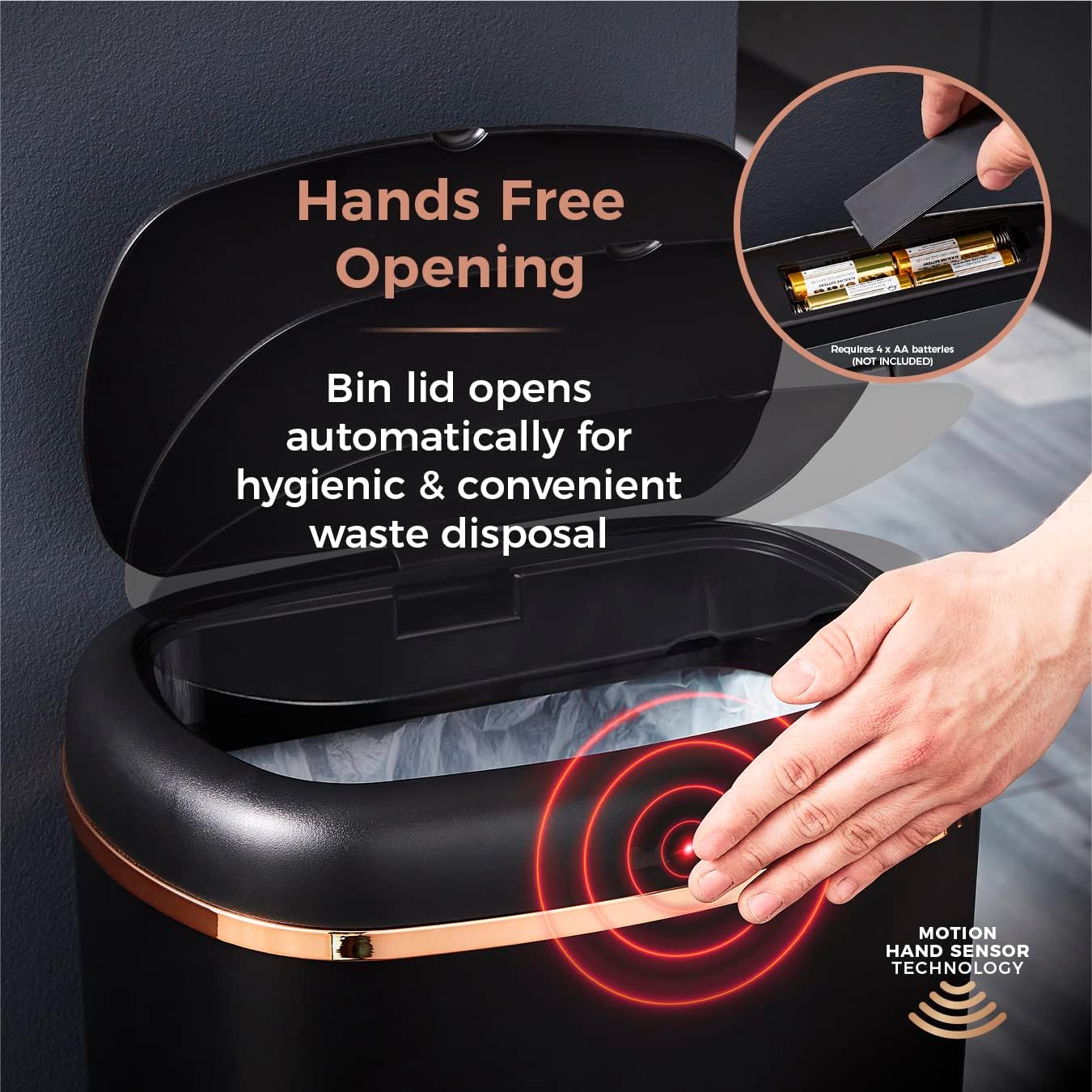 Tower T838010BLK Cavaletto Square Sensor Bin, 58L, Black and Rose Gold-3