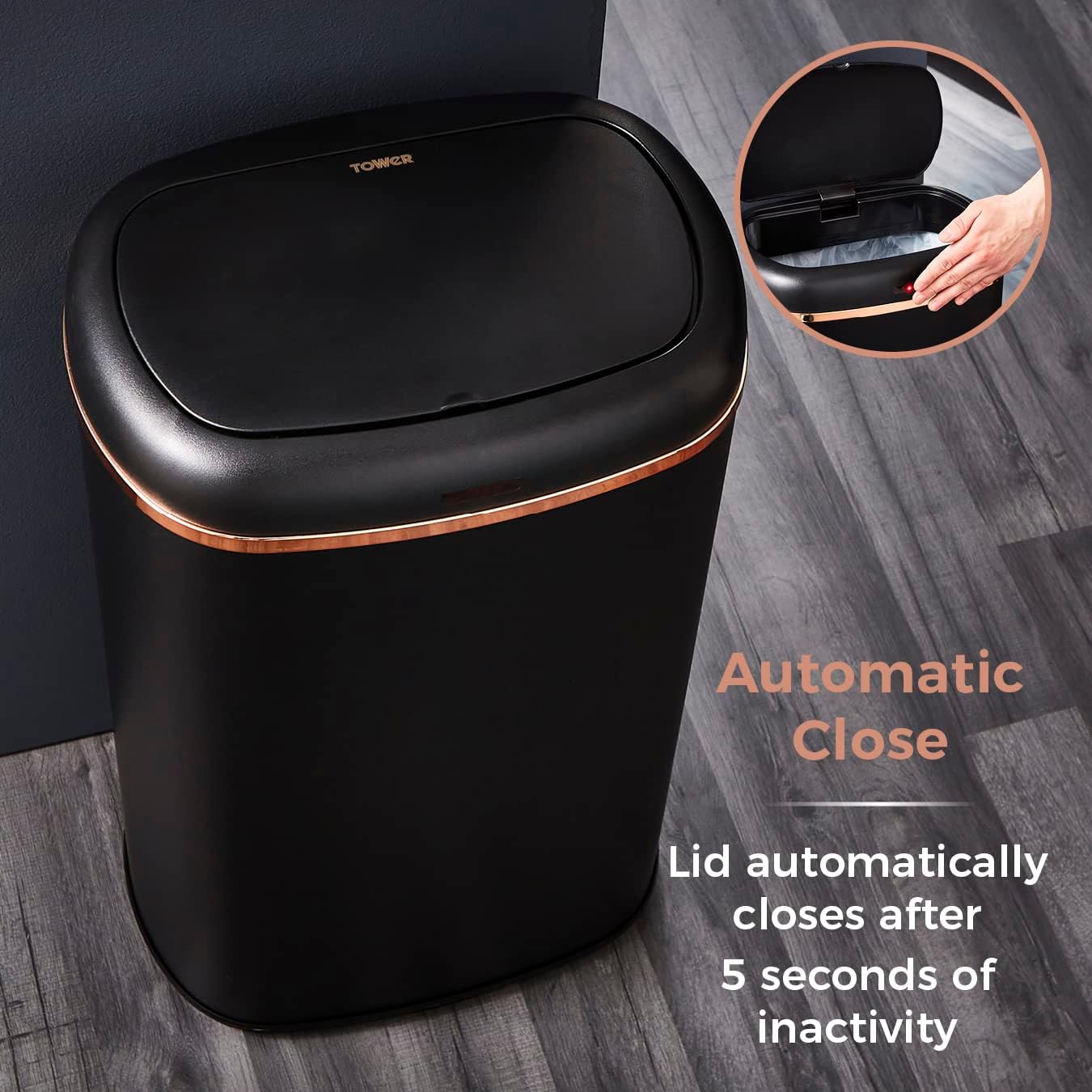 Tower T838010BLK Cavaletto Square Sensor Bin, 58L, Black and Rose Gold-5