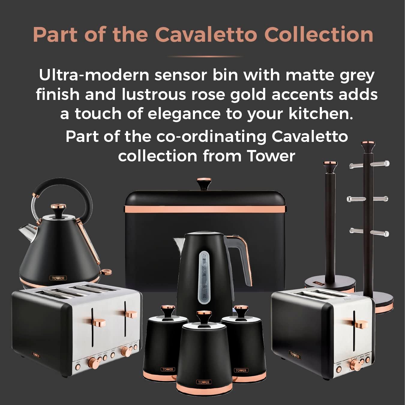 Tower T838010BLK Cavaletto Square Sensor Bin, 58L, Black and Rose Gold-7