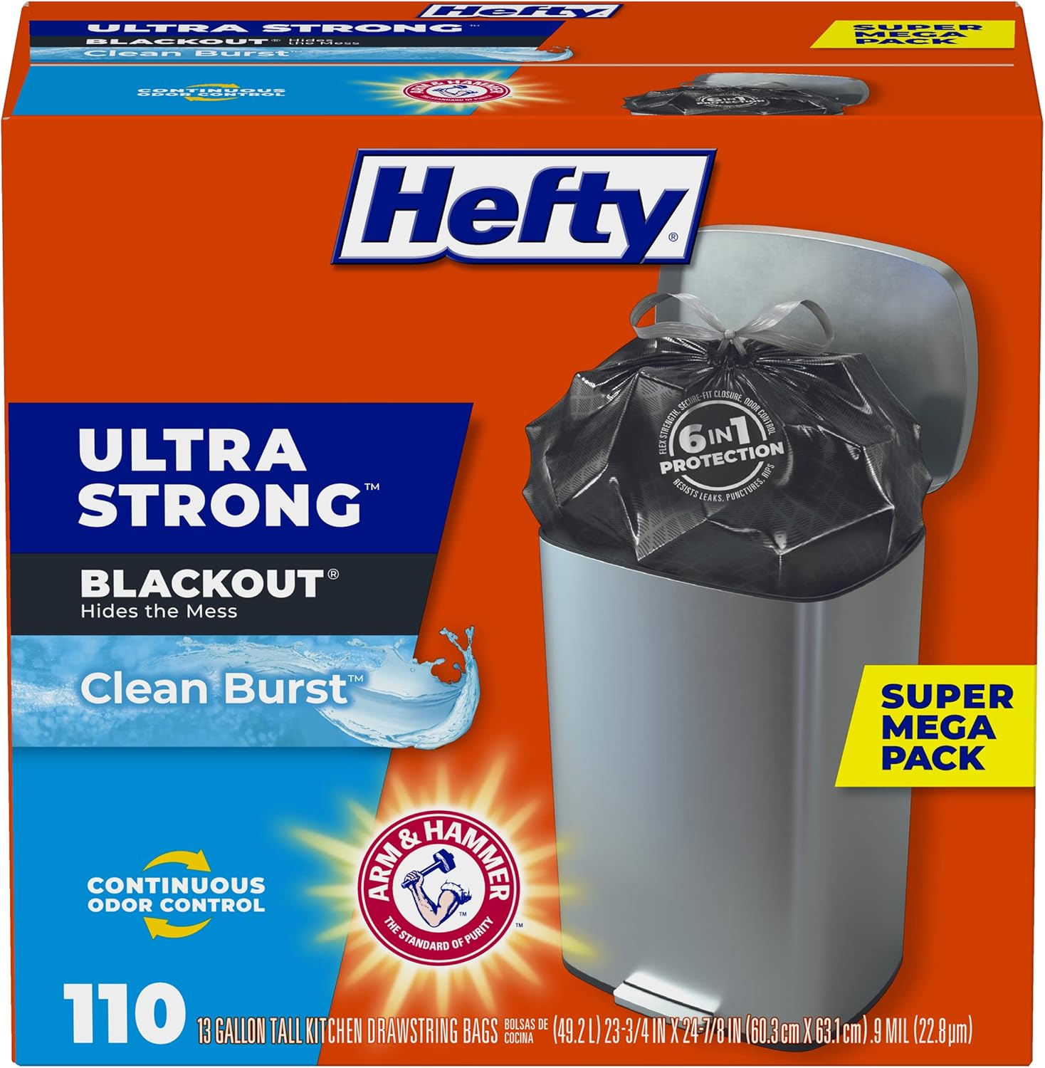 Hefty Ultra Strong Tall Kitchen Trash Bags, Blackout, Clean Burst, 13 Gallon, 110 Count-0