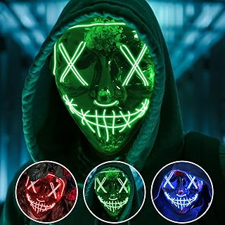 Jsdoin Halloween Masks, Scary LED Purge Mask, Light up Mask Cosplay, LED Rave Face Mask Costume 3 Lighting Modes, Halloween Face Masks for Men Women Kids