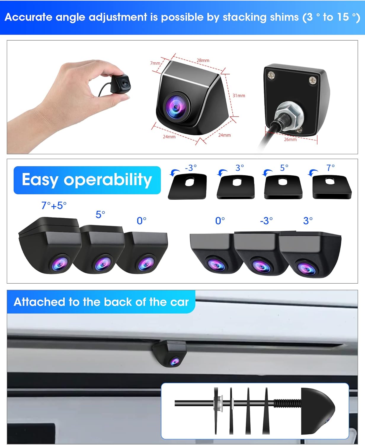 【High Compatibility】 Reversing Camera with 4 Gaskets Adjustable Flexible Mounting Position Car Reverse Camera Universal with Night Vision IP69K Waterproof Rear View Camera for Cars Trucks 12V-1