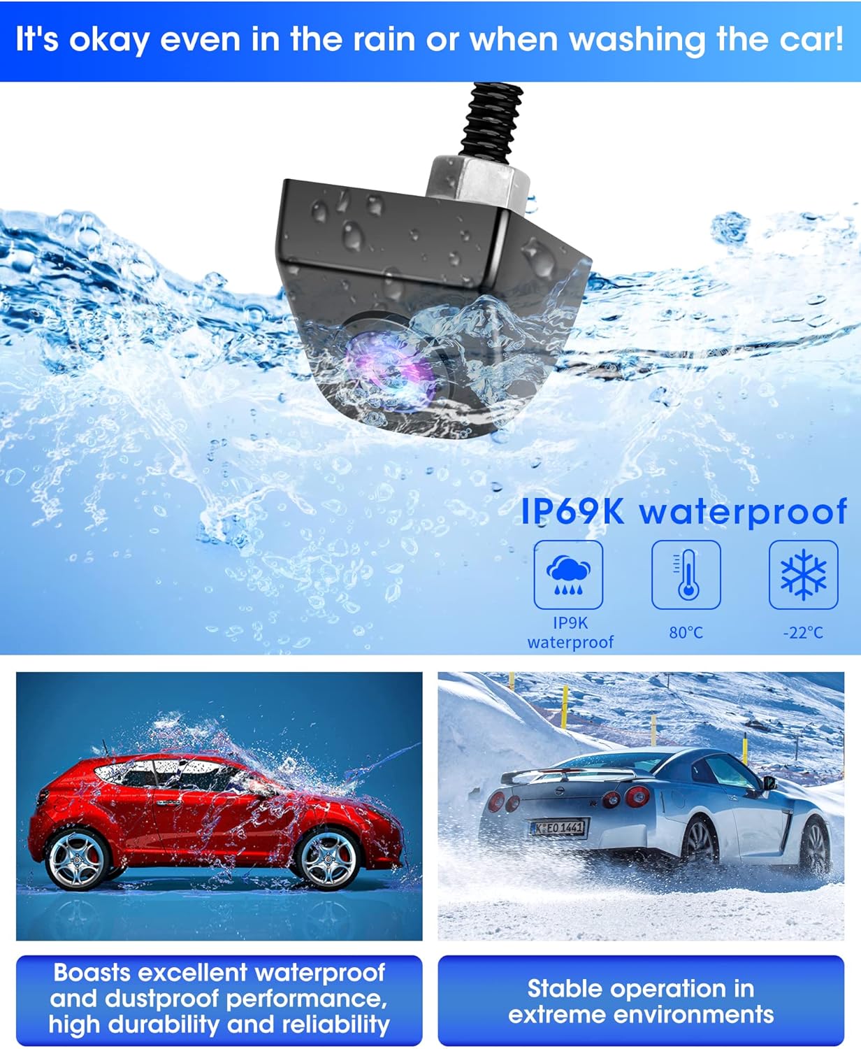 【High Compatibility】 Reversing Camera with 4 Gaskets Adjustable Flexible Mounting Position Car Reverse Camera Universal with Night Vision IP69K Waterproof Rear View Camera for Cars Trucks 12V-5