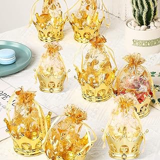 DRERIO 16 Pcs Gift Bag Small Goodie Bags Gift Pouch with Drawstring and Crown Mesh Gift Bags Golden Christmas Bags Mini Candy Bags Organza Bags for Candies Festivals Party Favor Storage