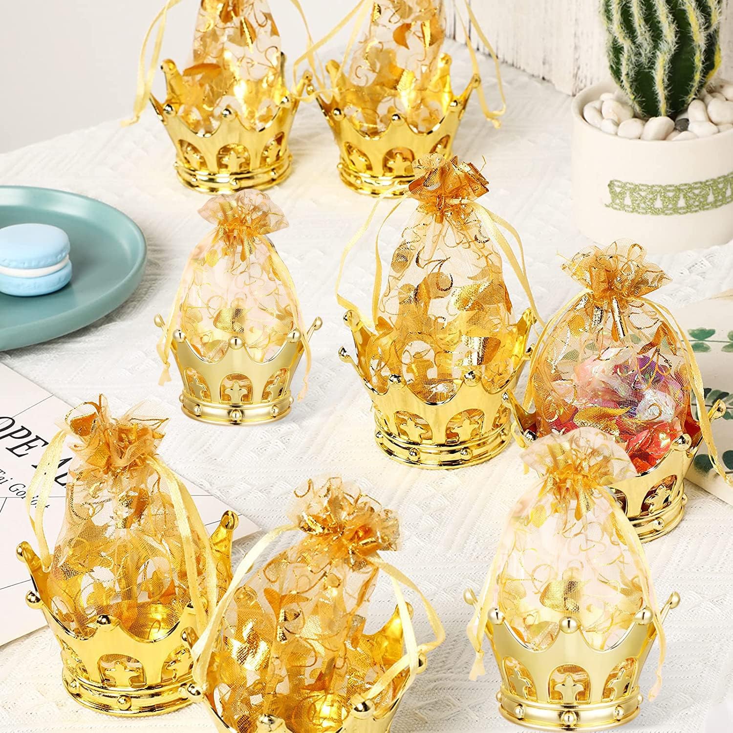 DRERIO 16 Pcs Gift Bag Small Goodie Bags Gift Pouch with Drawstring and Crown Mesh Gift Bags Golden Christmas Bags Mini Candy Bags Organza Bags for Candies Festivals Party Favor Storage-0