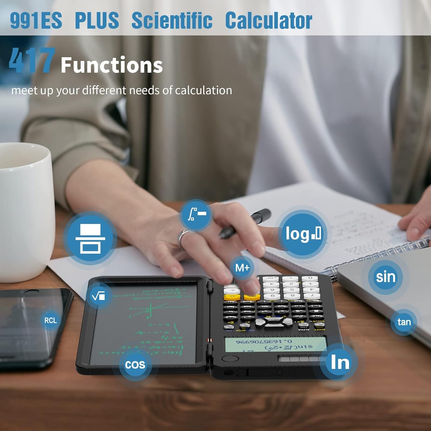 Upgraded 991ES Plus Desktop Scientific Calculator,ROATEE Scientific Calculator with Writing Tablet,Multiview 4-Line Display with Erasable LCD Writing Tablet,Solar Battery Power with Notepad for School-2